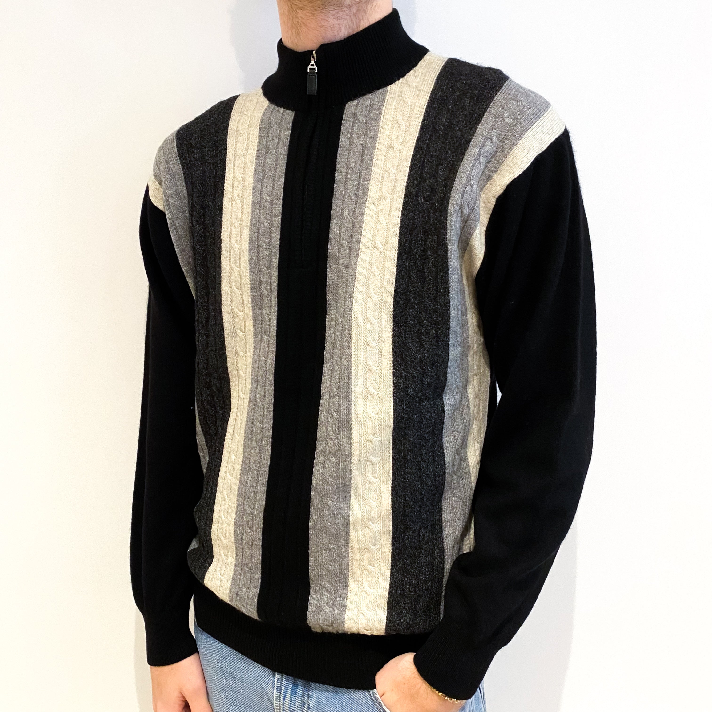Men's Black Grey Stripe Cashmere 3/4 Zip V Neck Jumper Large