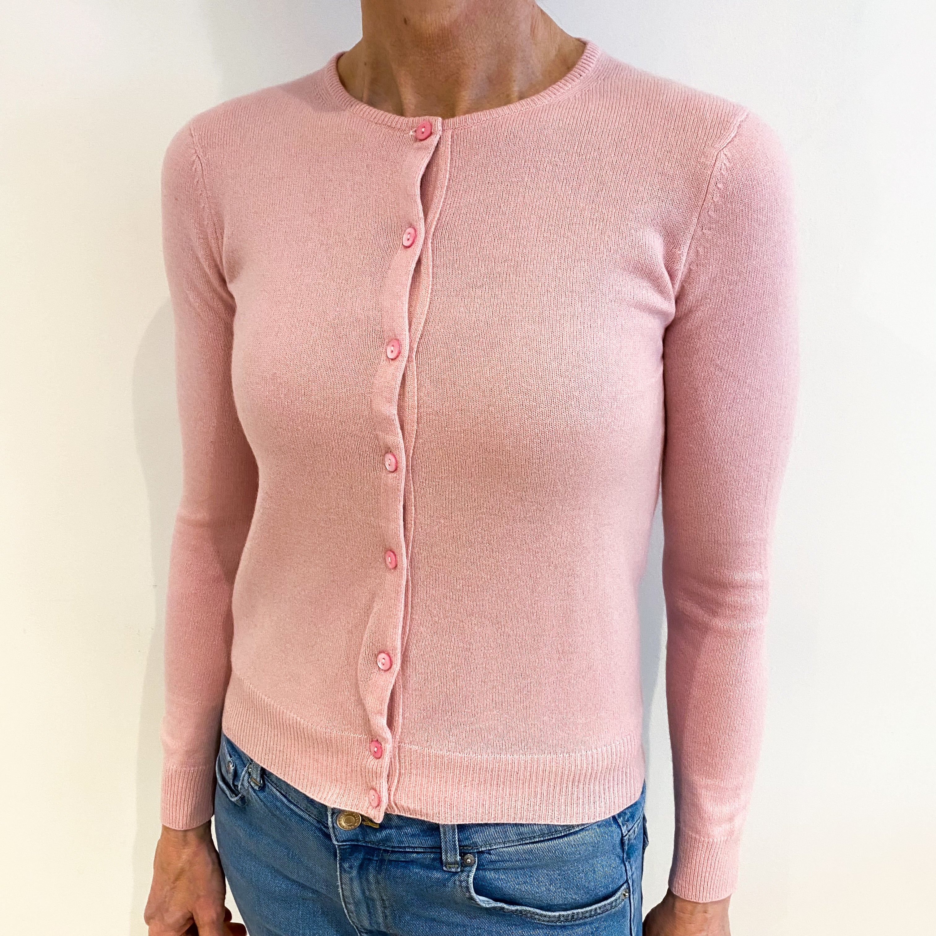 Pale Pink Cashmere Crew Neck Cardigan Small