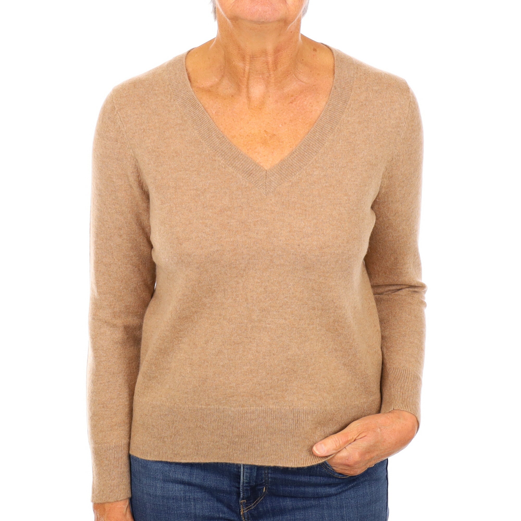 Camel Brown Cashmere V Neck Jumper Medium