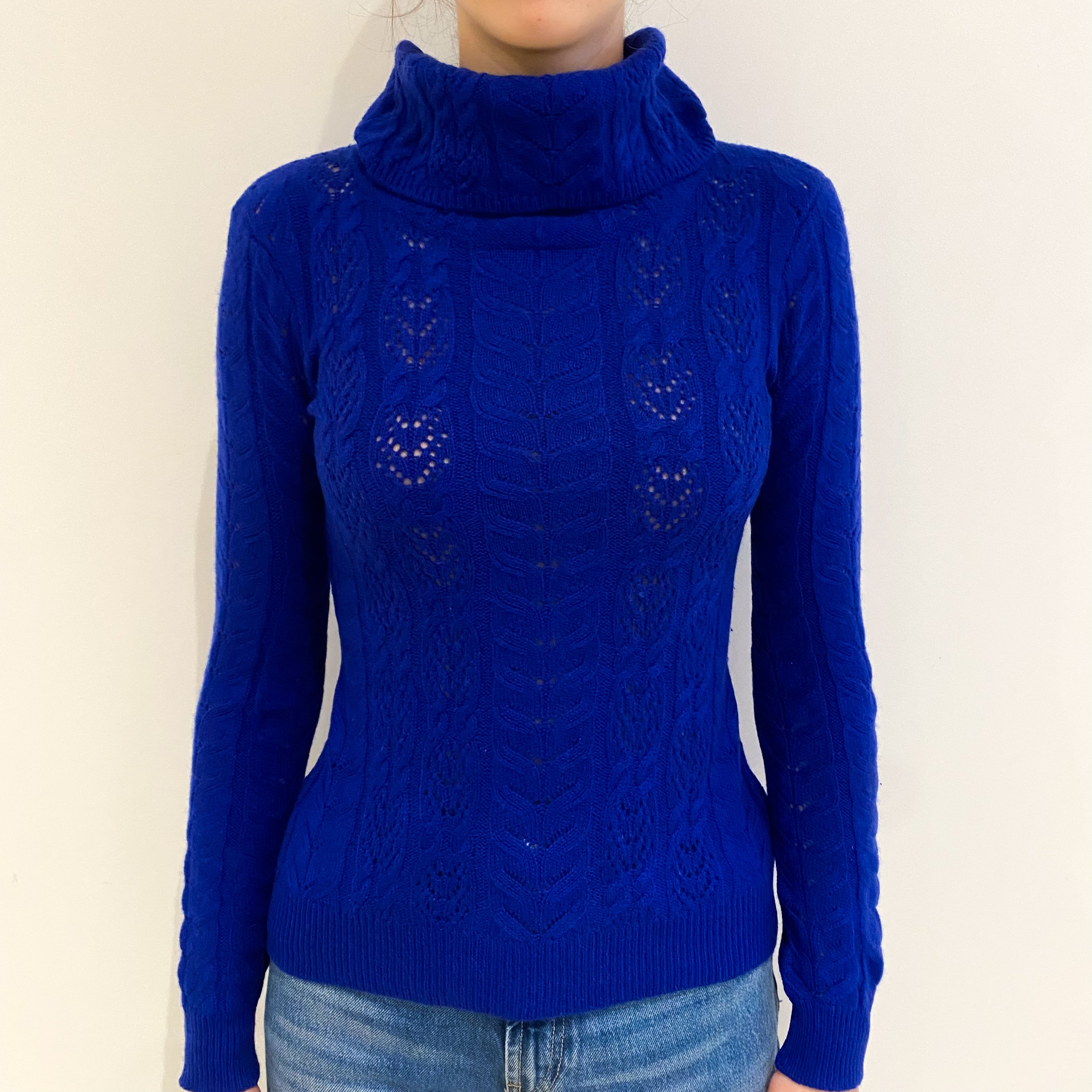 Admiral Blue Lace Knit Cashmere Polo Neck Jumper Extra Small