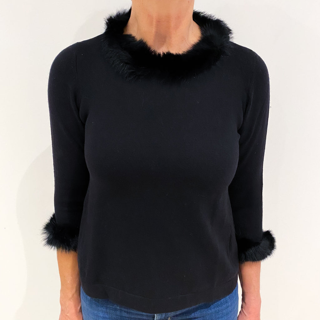 Black Fur Trim Cashmere Crew Neck Jumper Medium