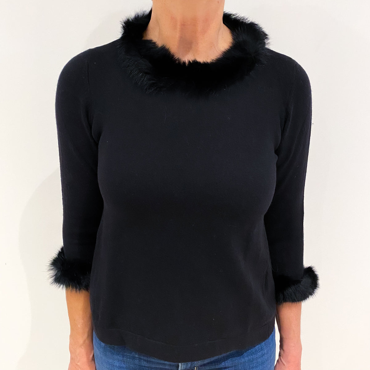 Black Fur Trim Cashmere Crew Neck Jumper Medium