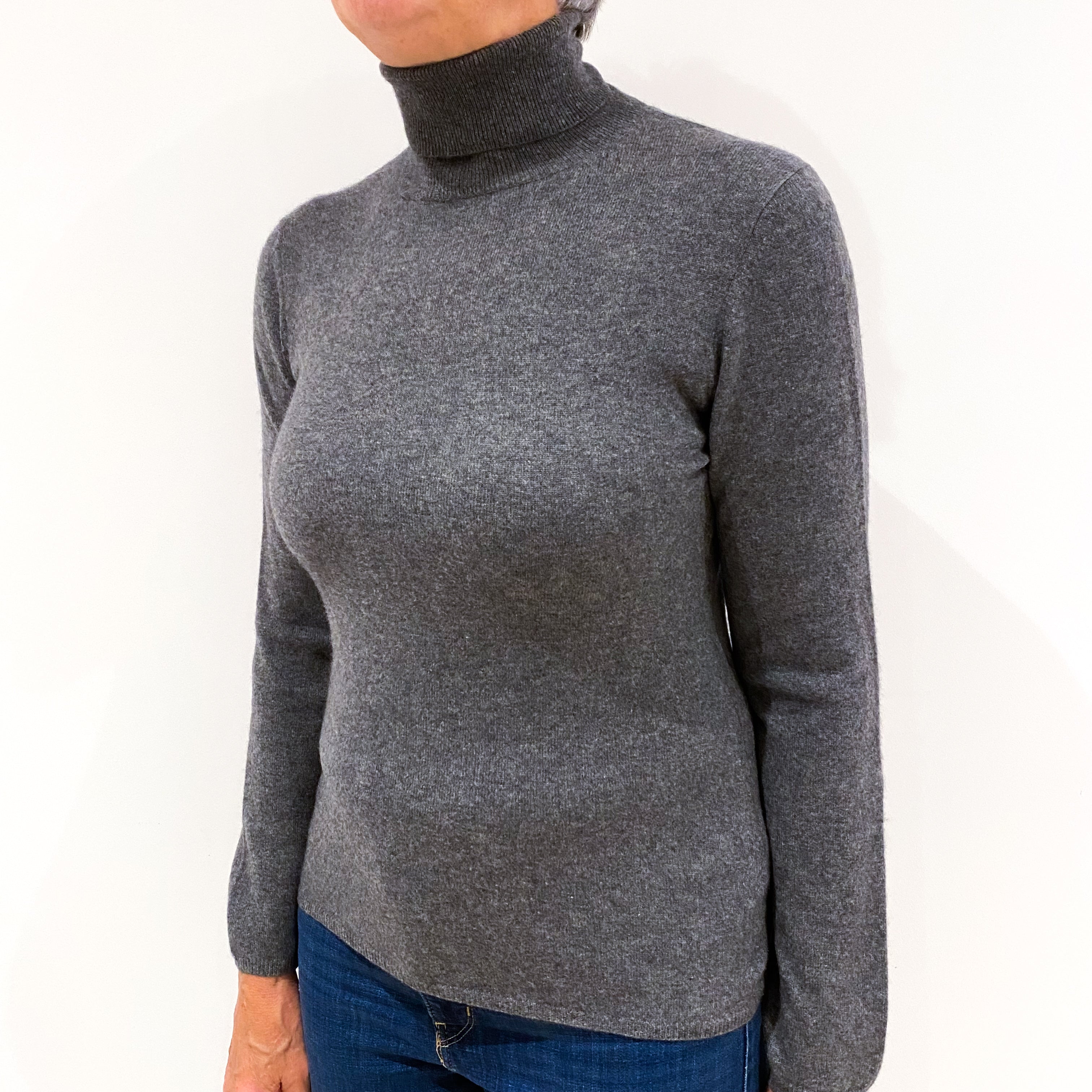 Ash Grey Cashmere Polo Neck Jumper Medium