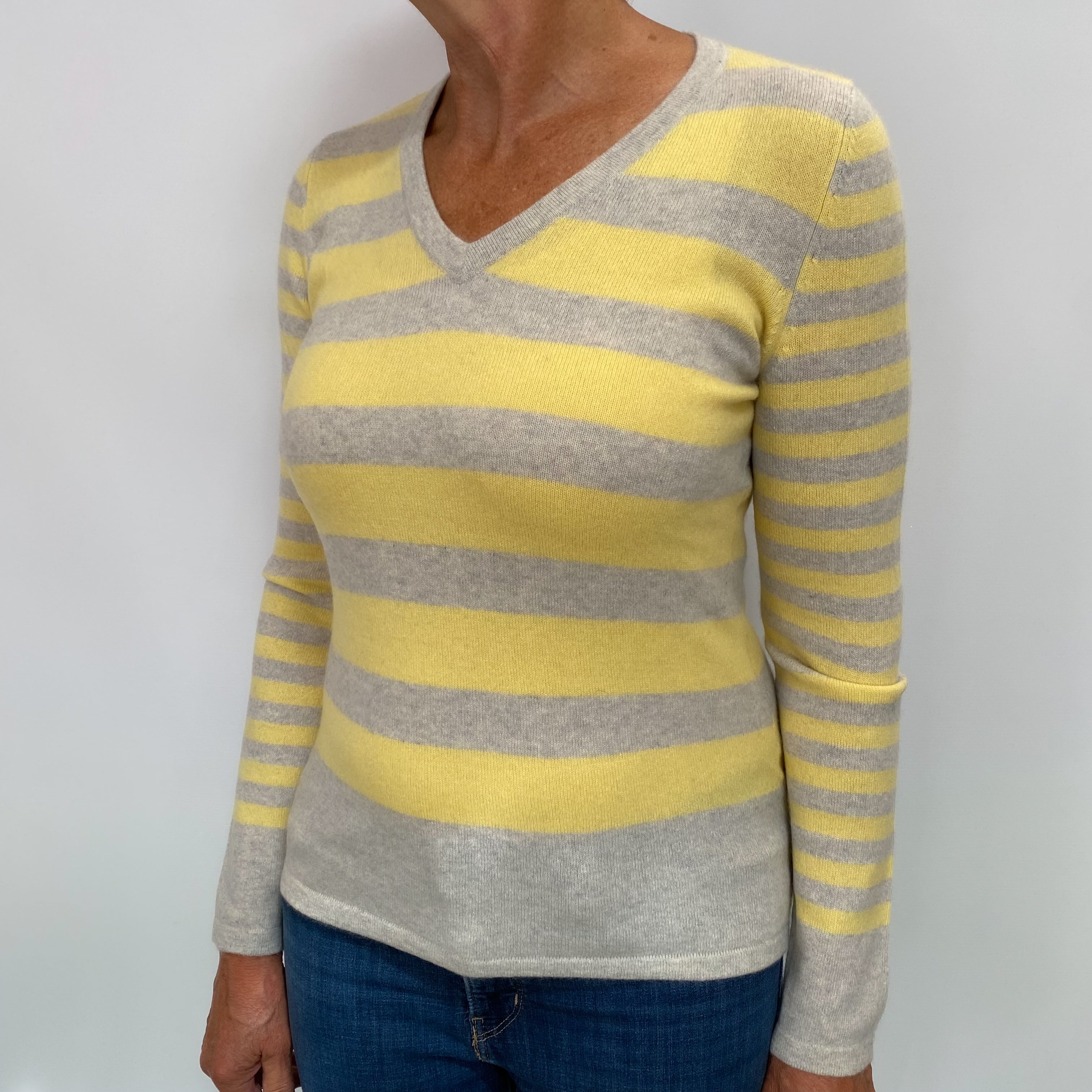 Yellow and Grey Stripe Cashmere V Neck Jumper Medium