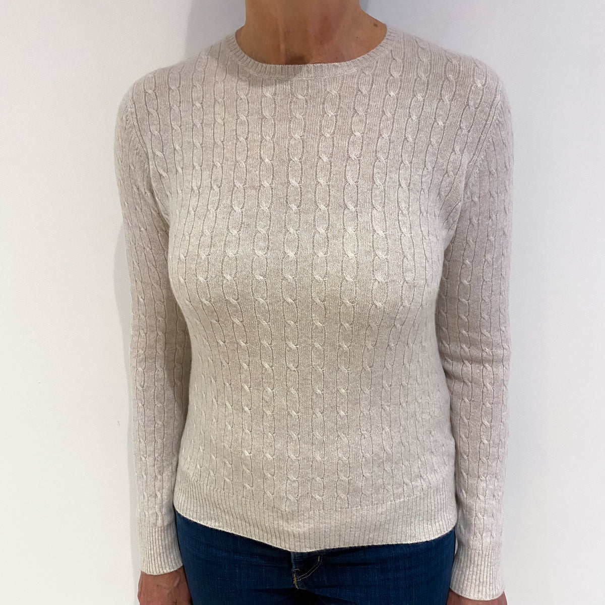 Oatmeal Beige Cable Cashmere Crew Neck Jumper Medium