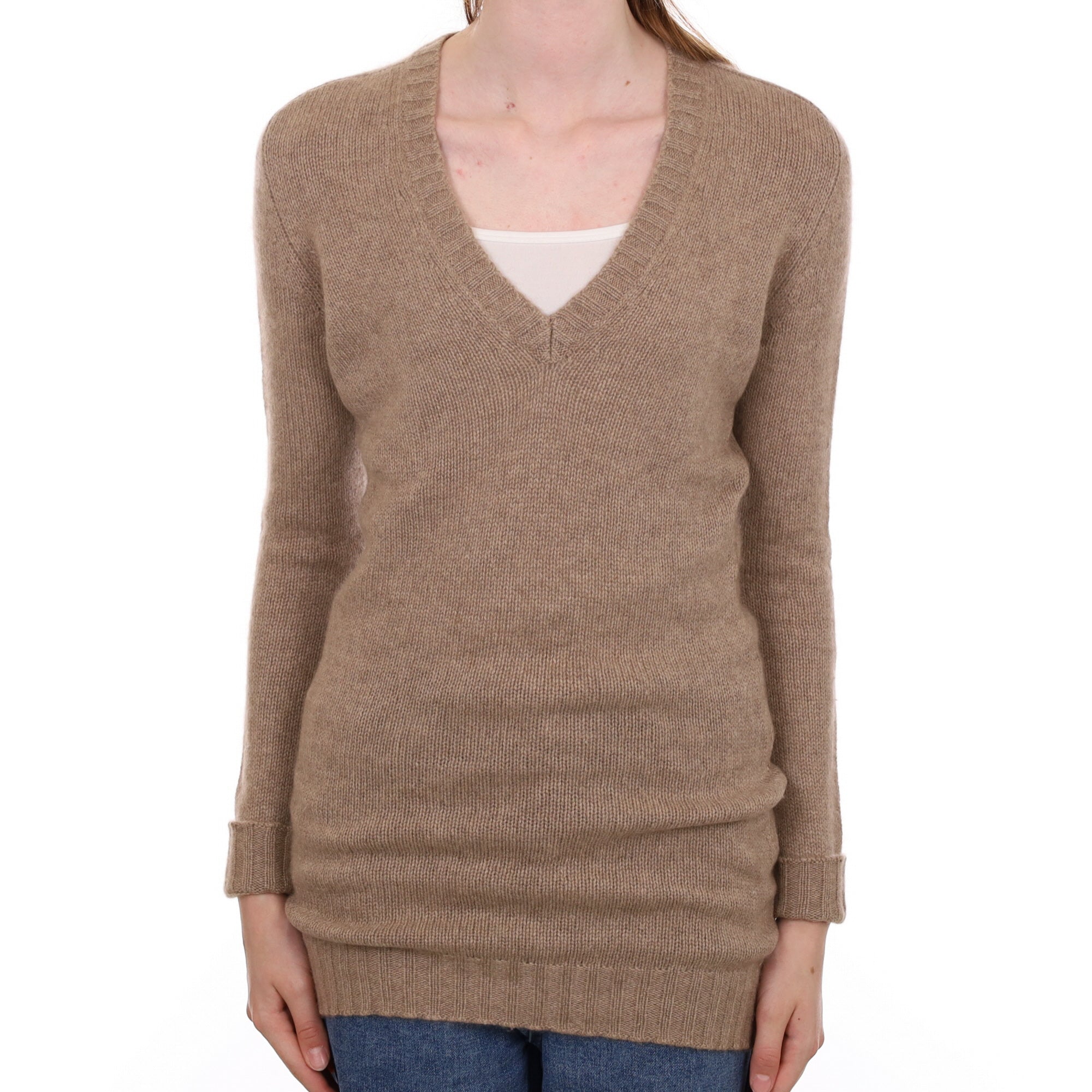 Biscuit Brown Cashmere Longline V Neck Jumper Extra Small