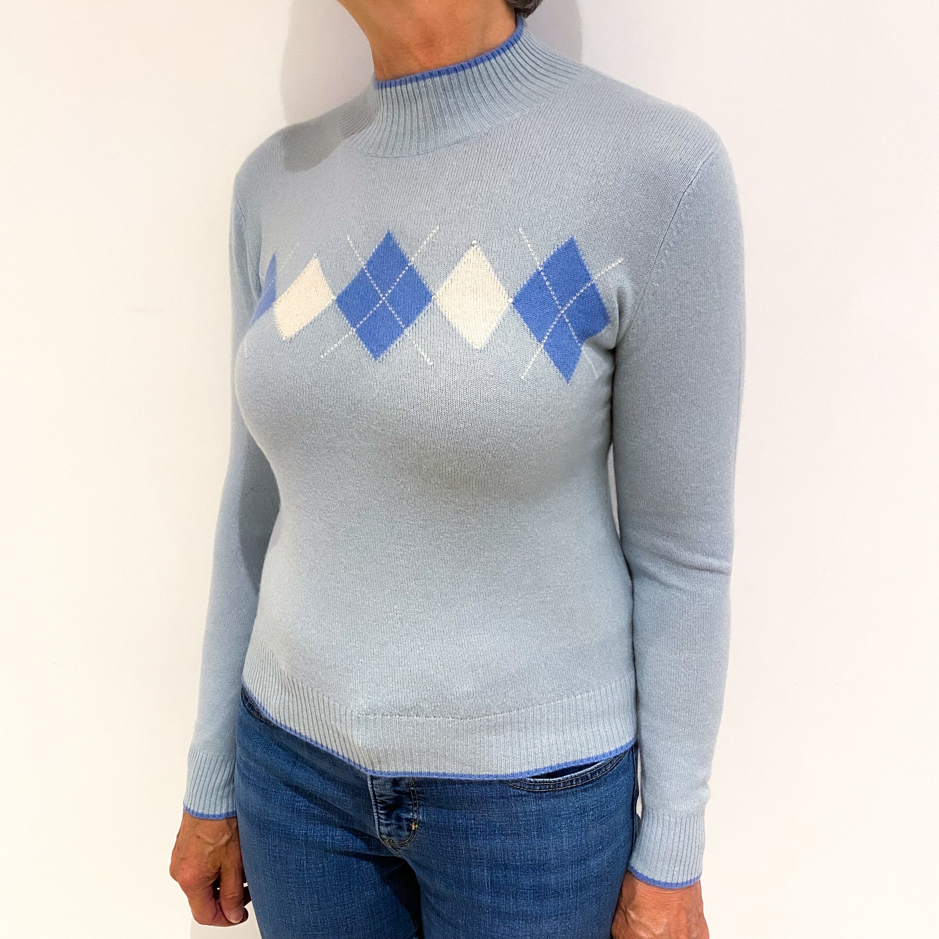 Ice Blue Diamond Cashmere Polo Neck Jumper Medium