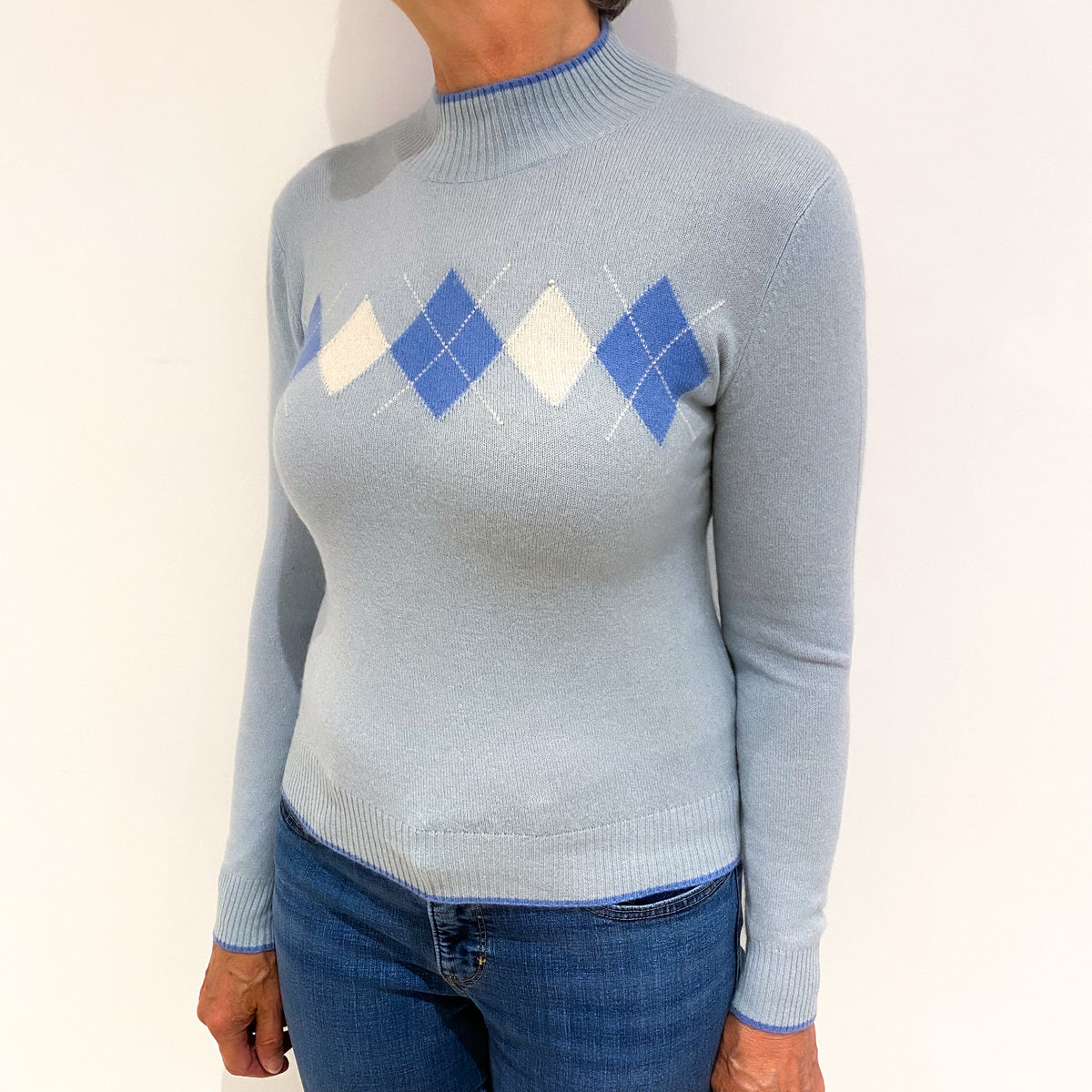 Ice Blue Diamond Cashmere Polo Neck Jumper Medium