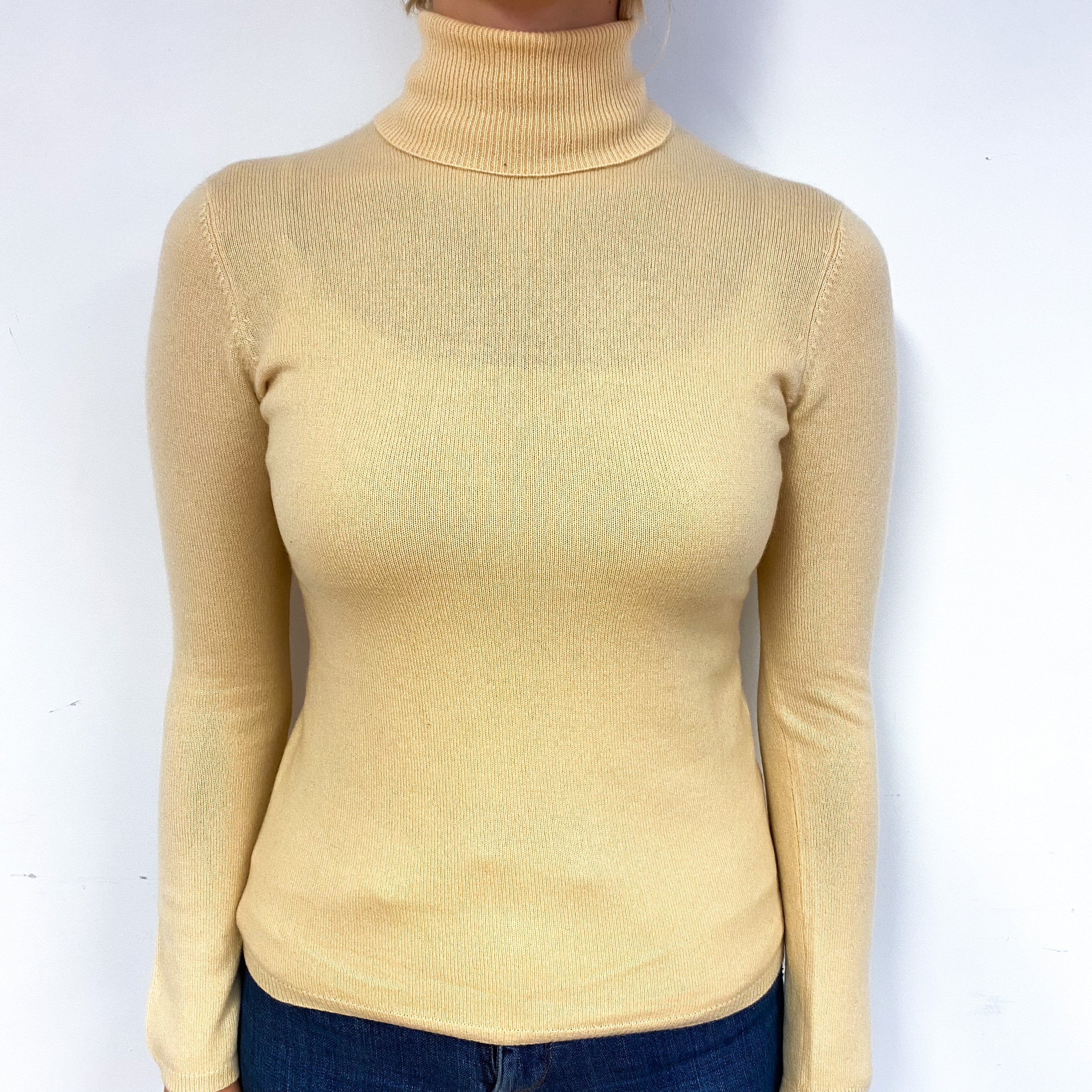 Pale Apricot Yellow Cashmere Polo Neck Jumper Small