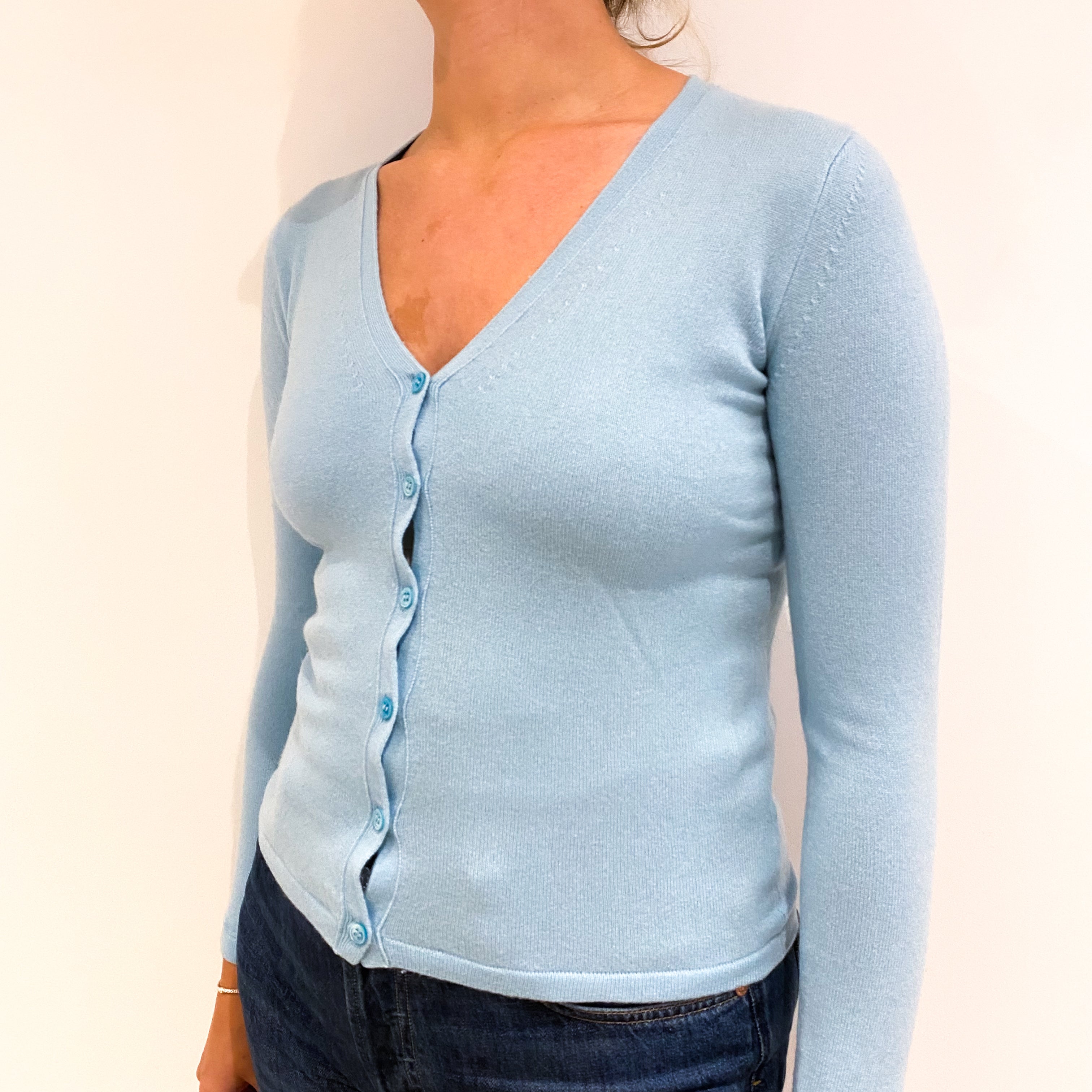 Pale Aqua Blue Cashmere V-Neck Cardigan Small