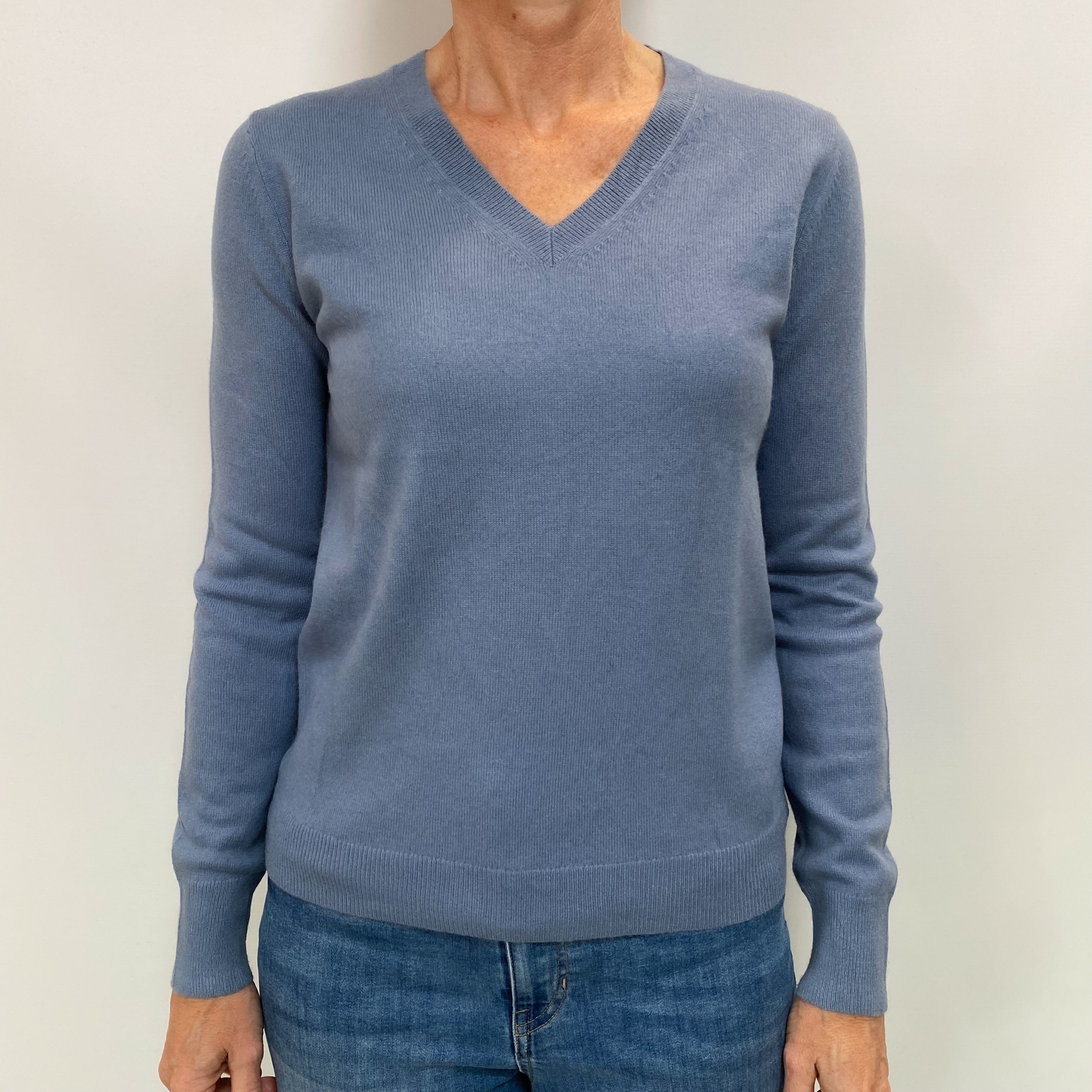 Denim Blue Cashmere V Neck Jumper Small
