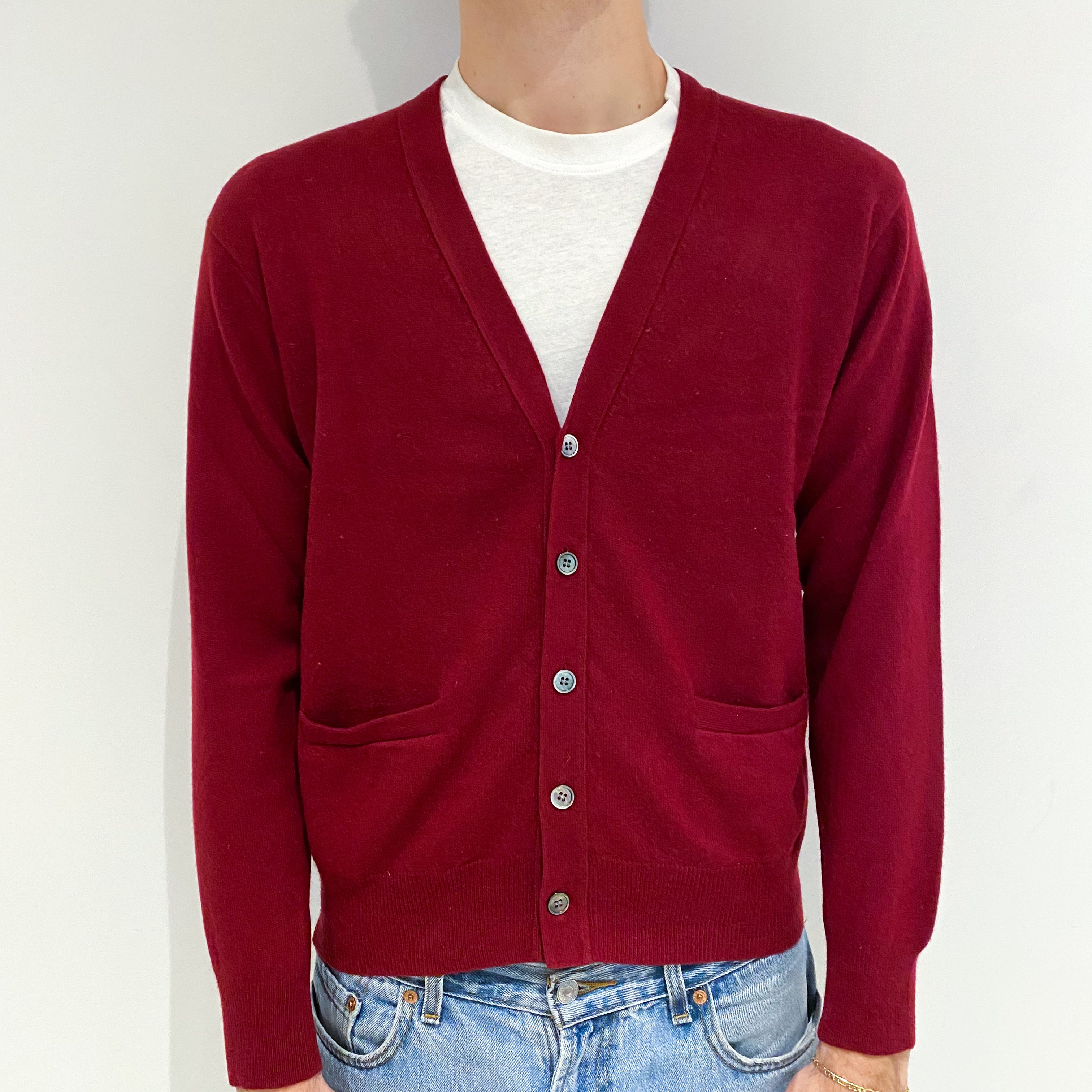 Men's Crimson Red Cashmere V-Neck Cardigan Large