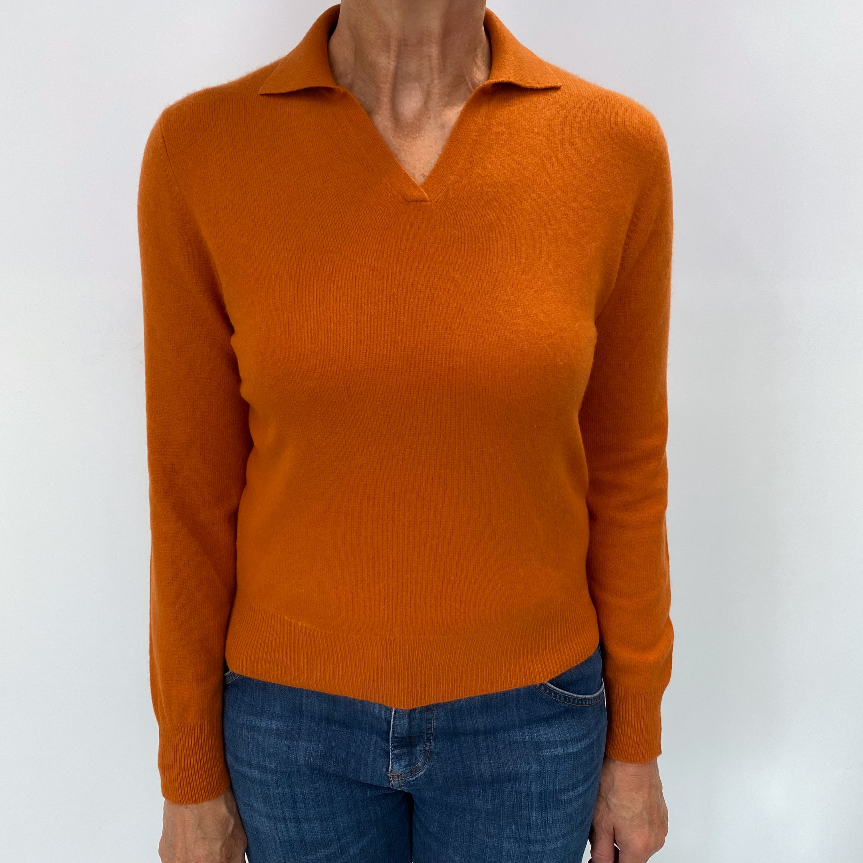 Pumpkin Orange Cashmere Collared V Neck Jumper Medium