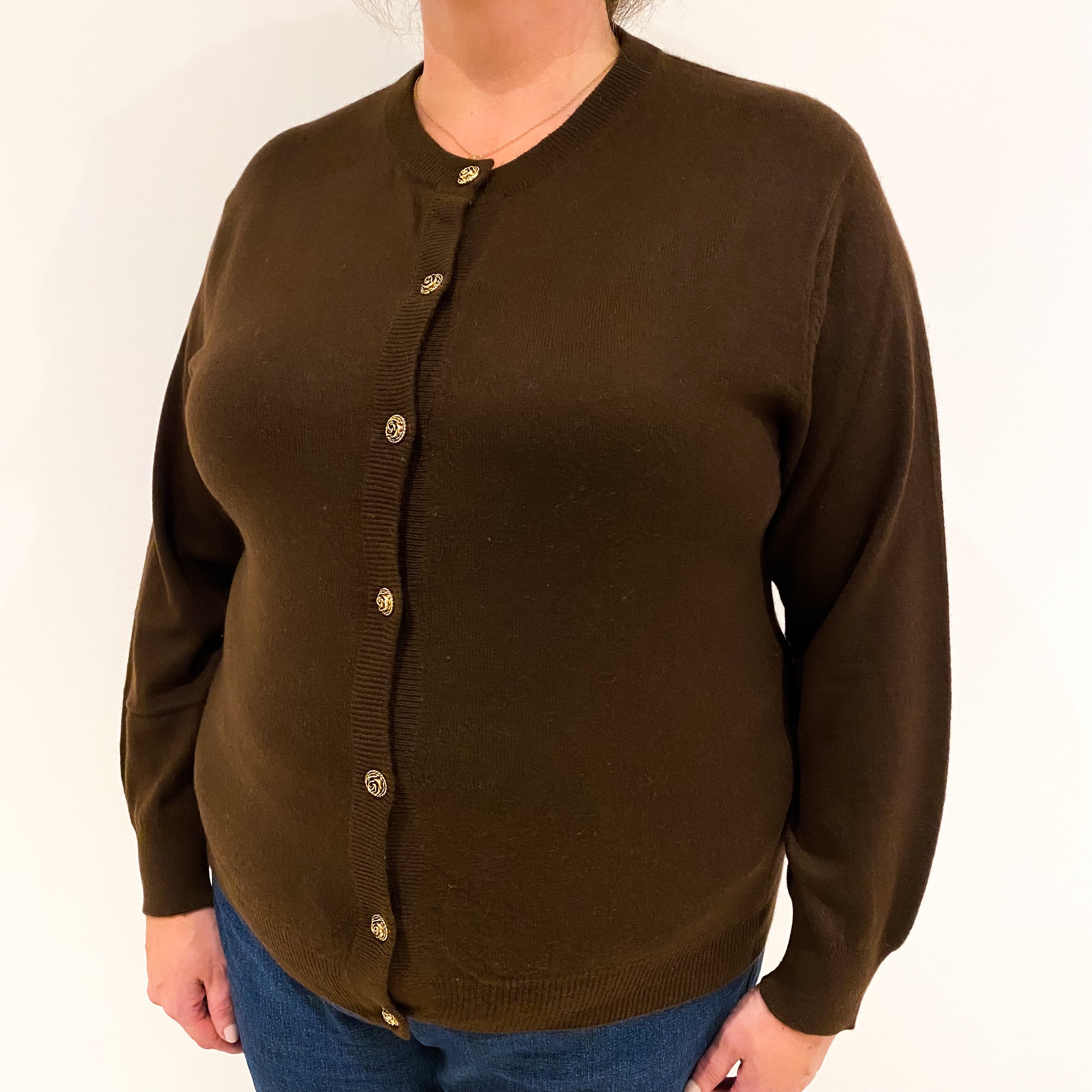 Vintage Chocolate Brown Cashmere Crew Neck Cardigan Extra Large