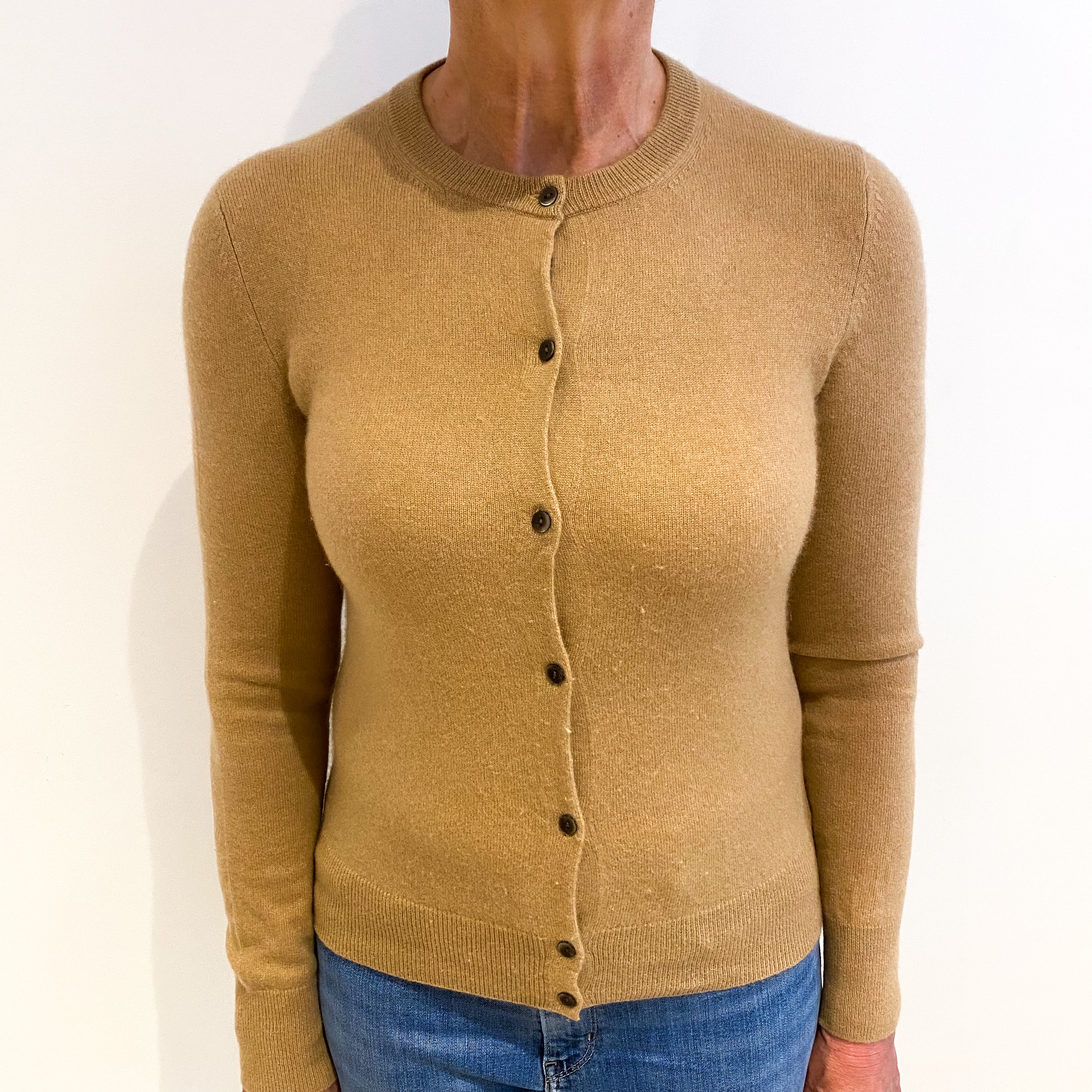 Camel Brown Cashmere Crew Neck Cardigan Medium