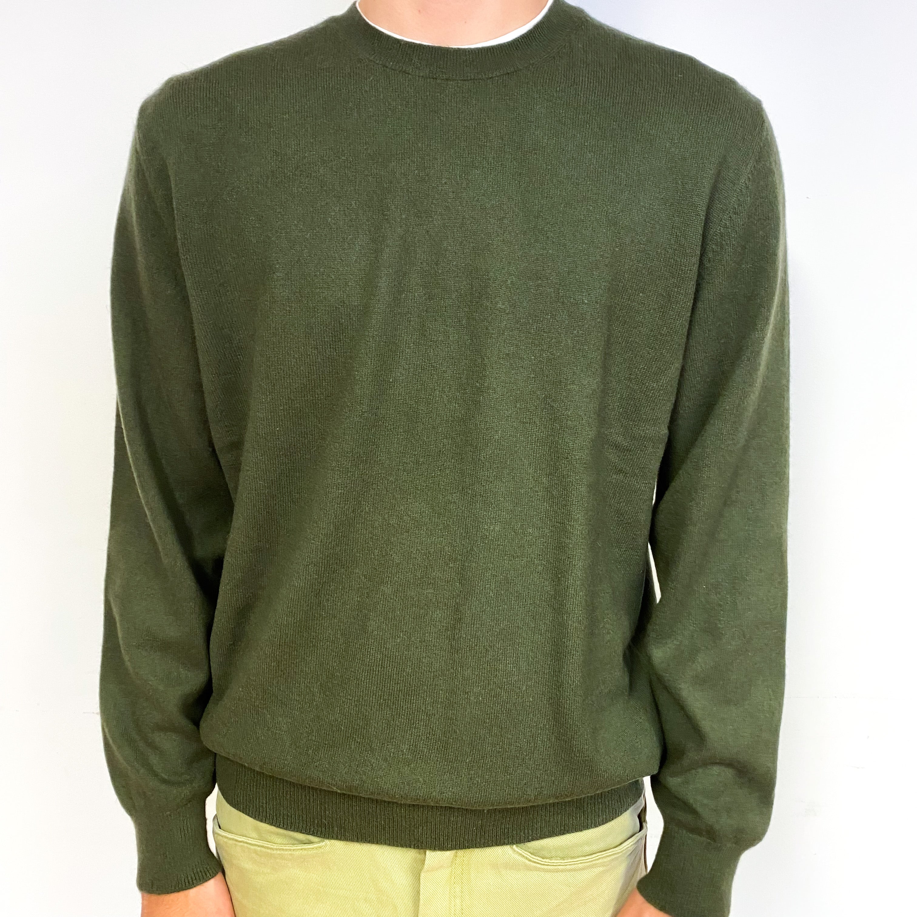 Men's Khaki Green Cashmere Crew Neck Jumper Large