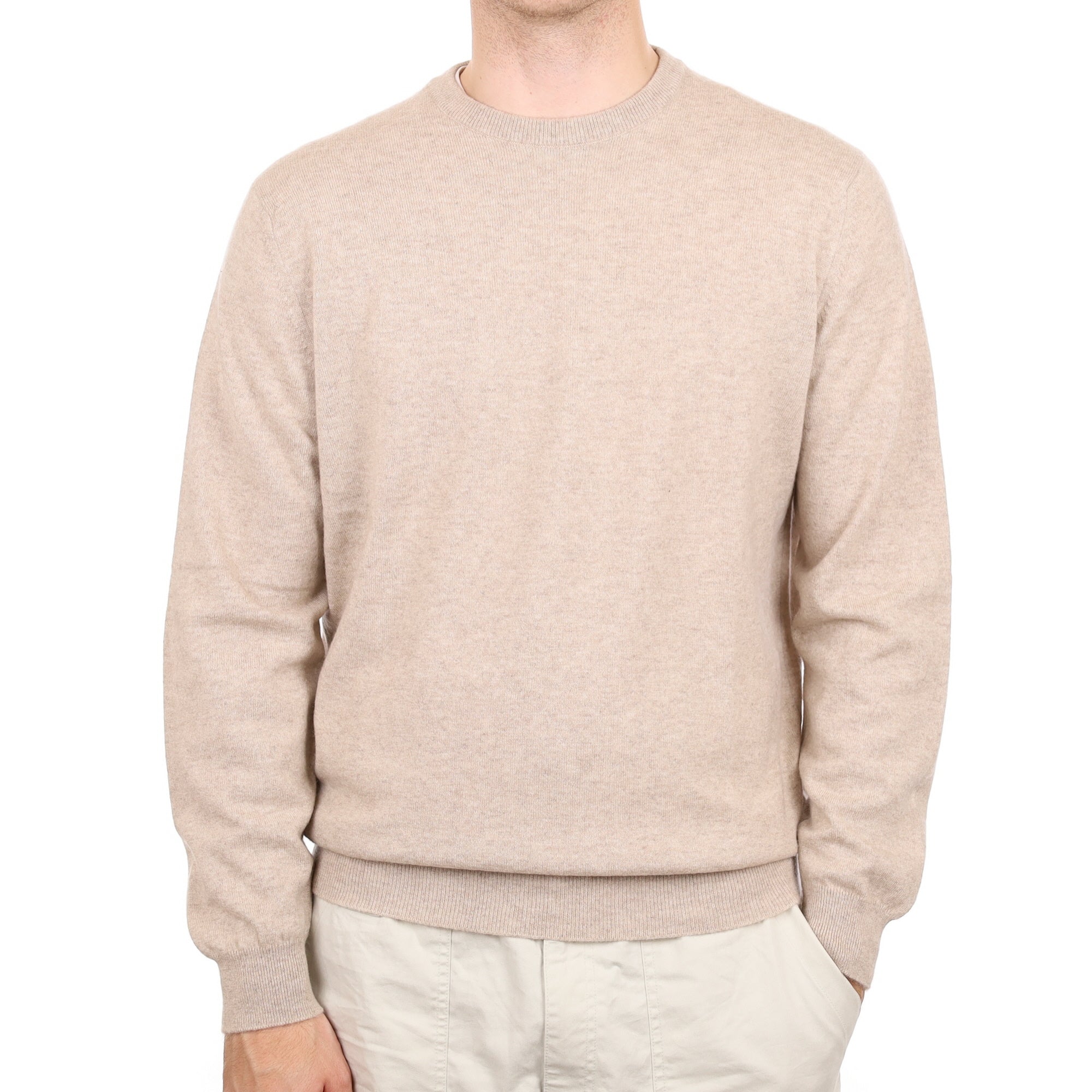 Men's Begg & Co Oatmeal Cashmere Crew Neck Jumper Large