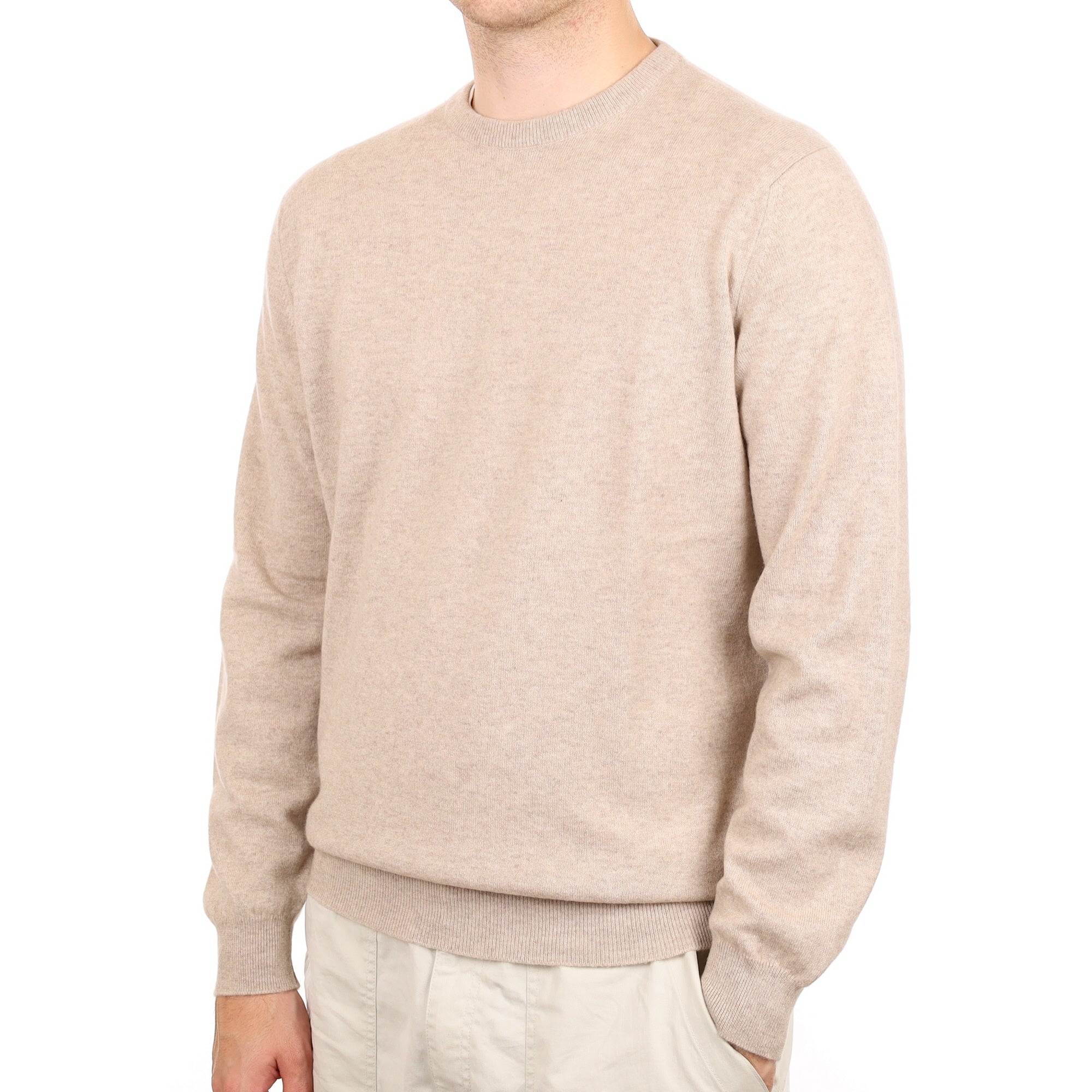 Men's Begg & Co Oatmeal Cashmere Crew Neck Jumper Large