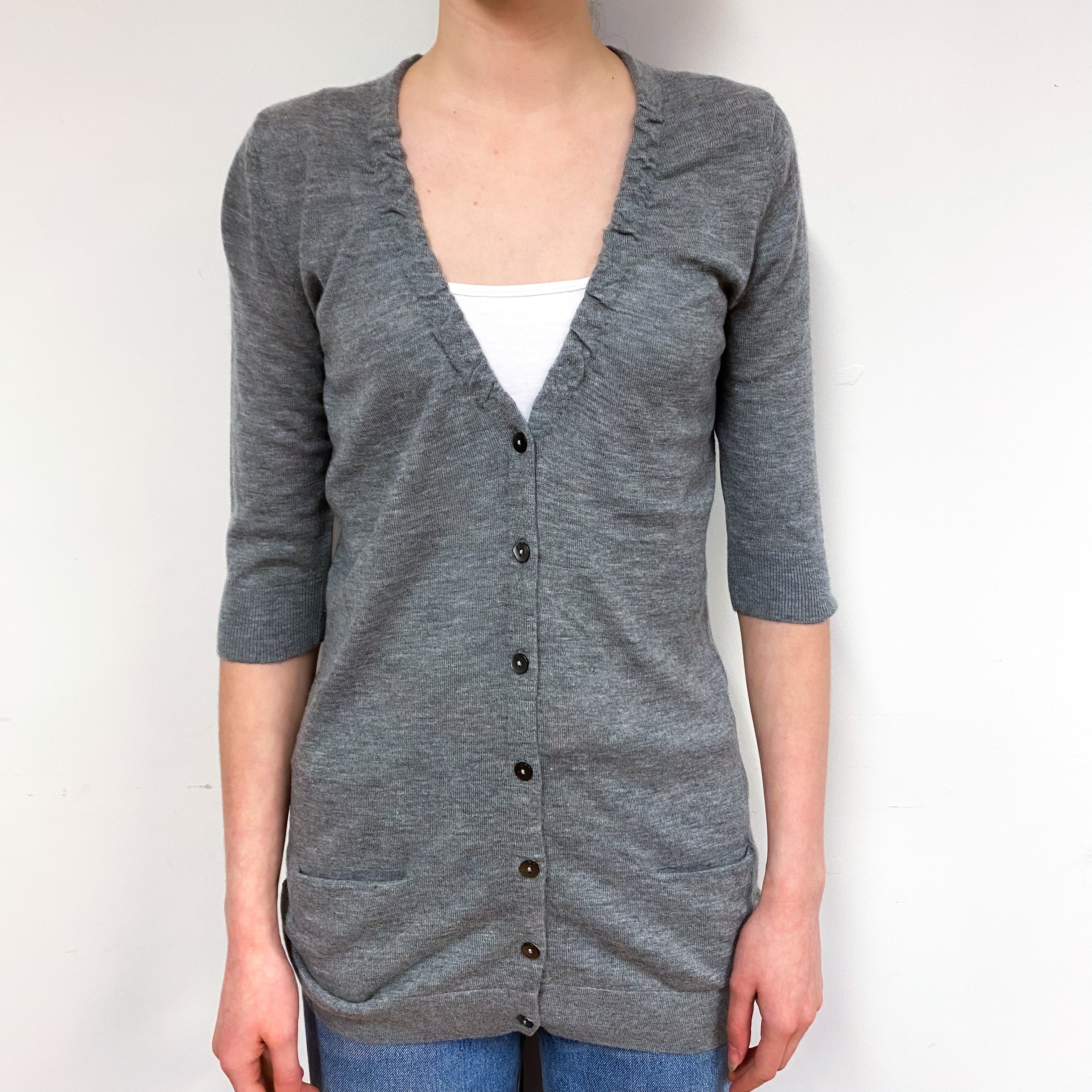 Steel Grey Cashmere Ruched V-Neck Cardigan Extra Small