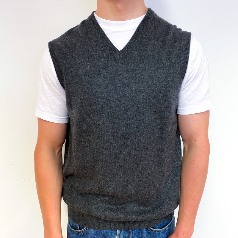 Men's Slate Grey Cashmere V-Neck Tank Top Small