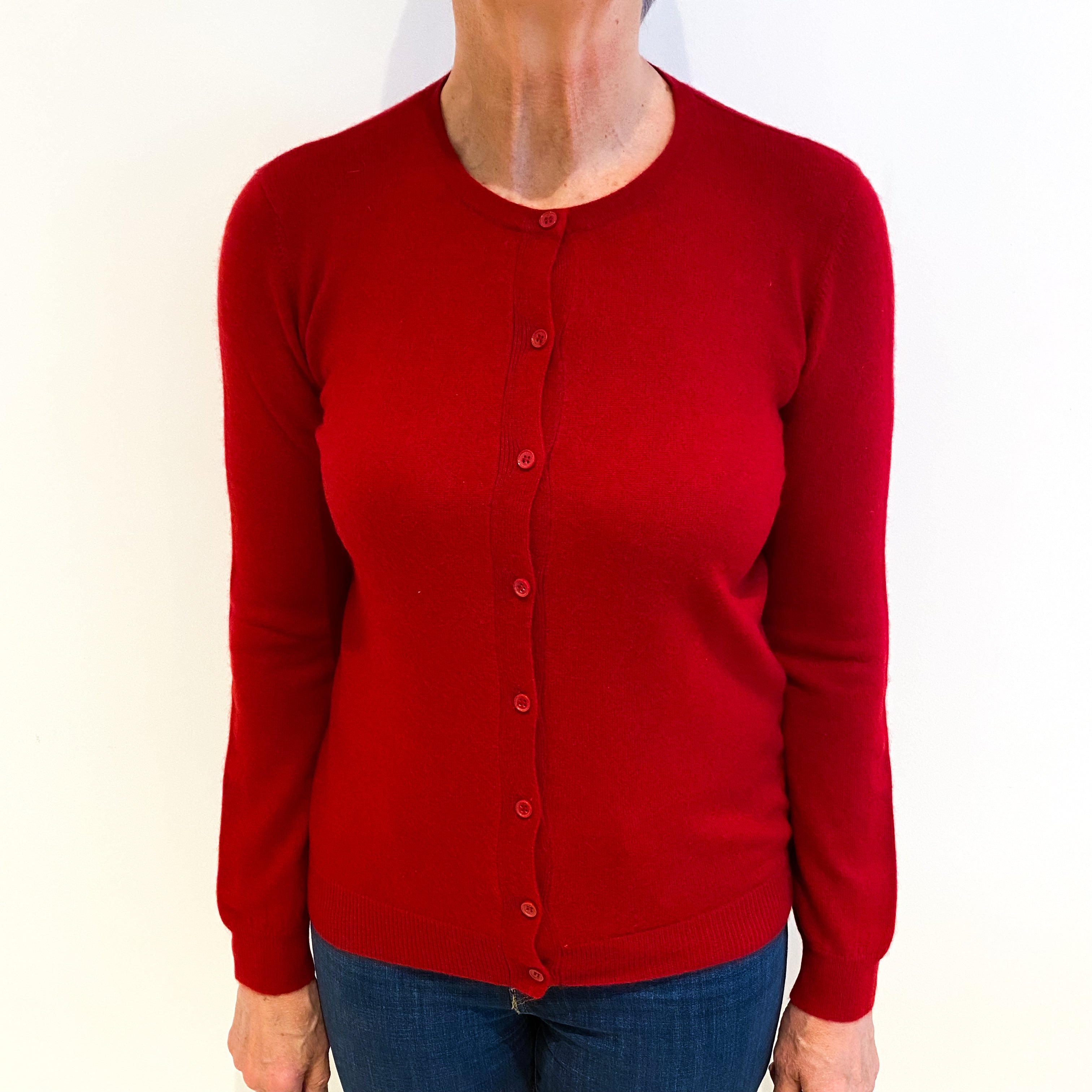 Post Box Red Cashmere Crew Neck Cardigan Medium