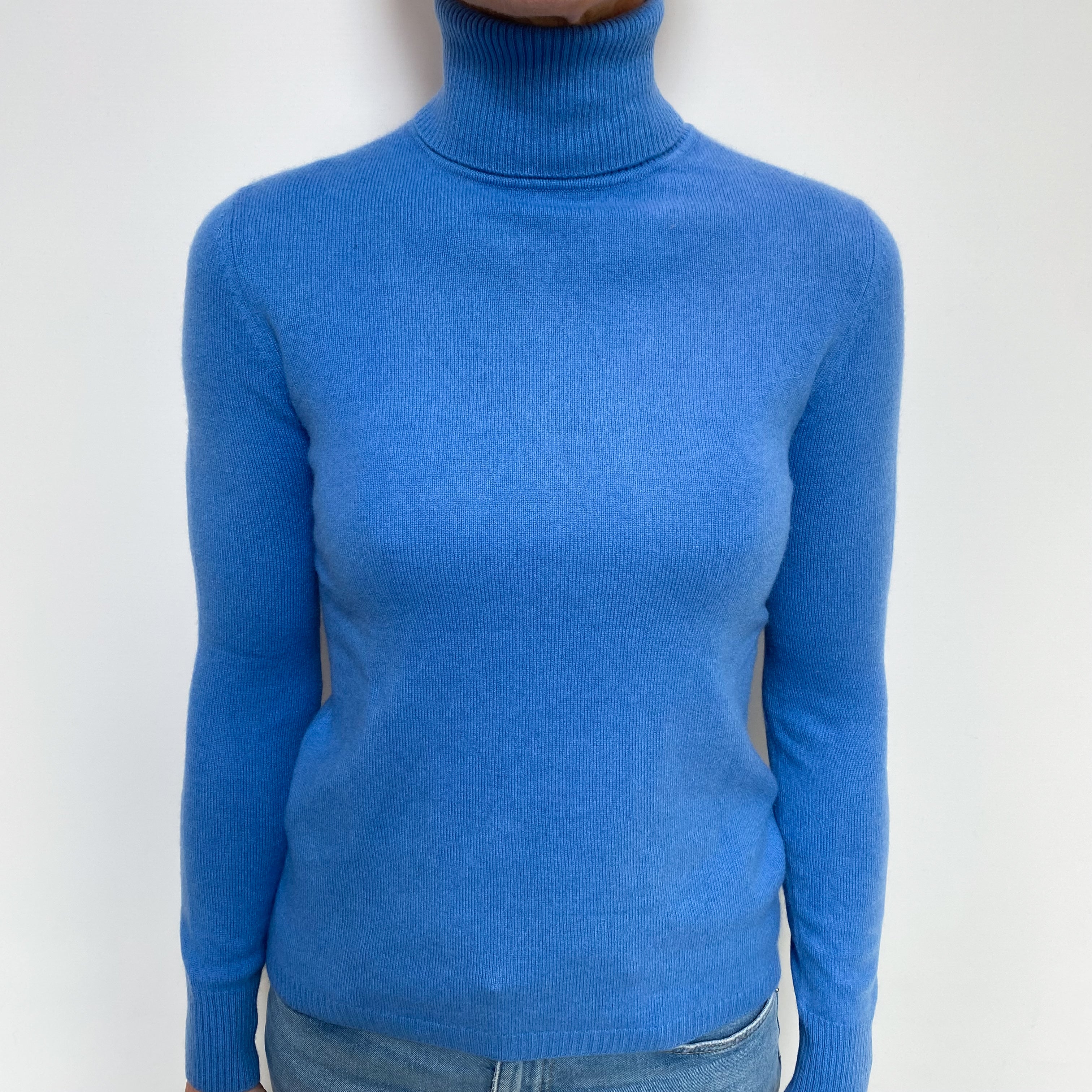 Cornflower Blue Cashmere Polo Neck Jumper Small
