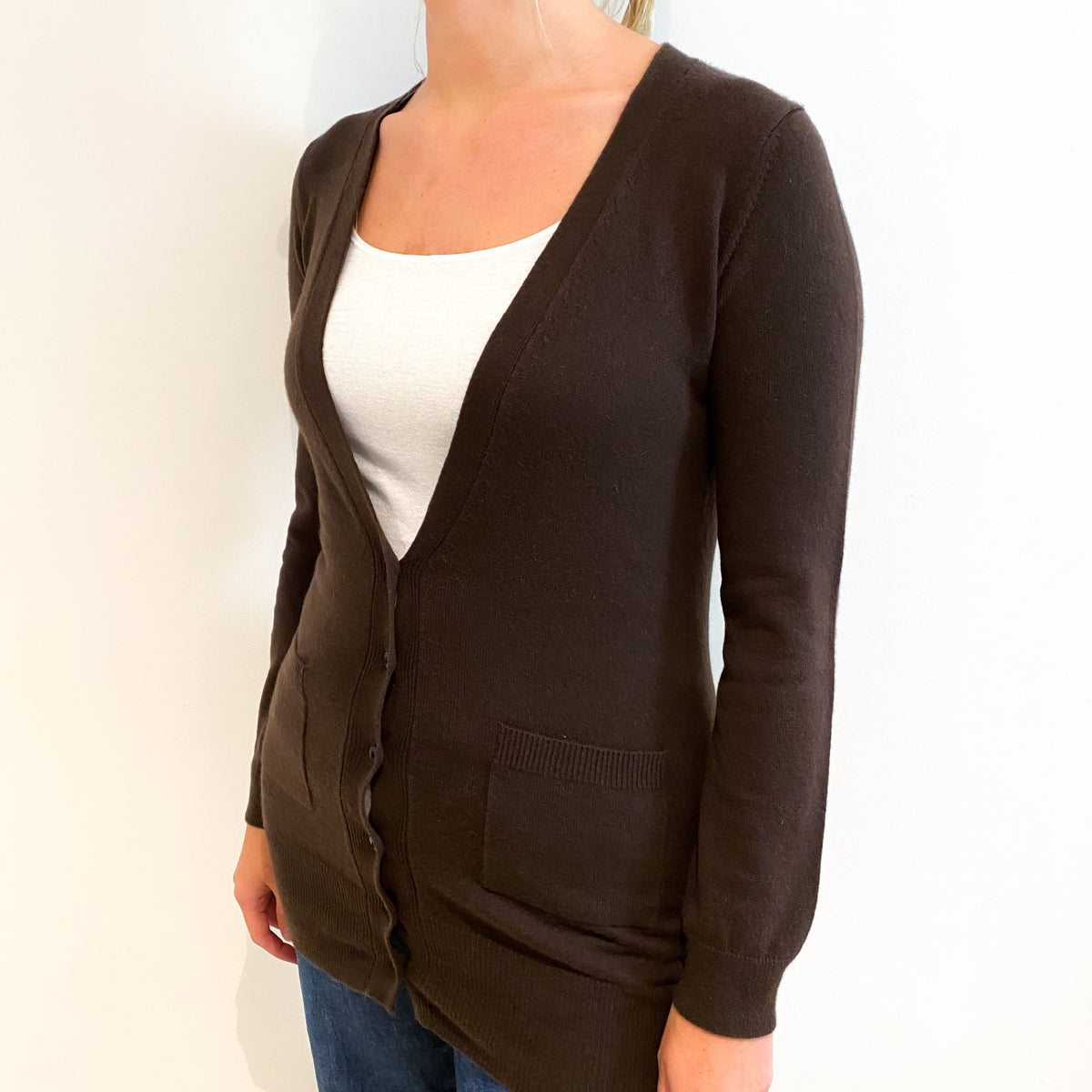 Chocolate Brown Cashmere V-Neck Cardigan with Pockets Small
