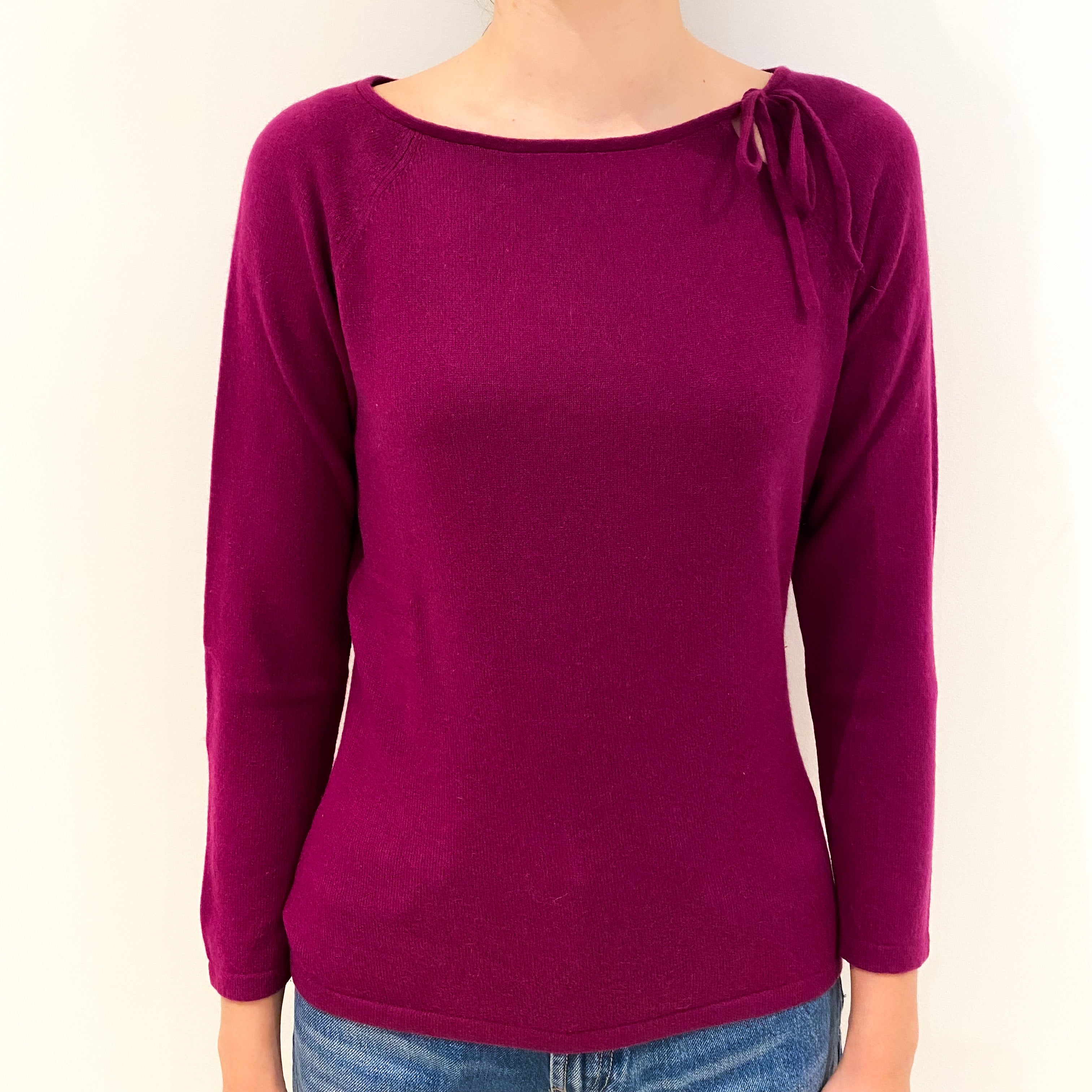 Magenta Pink Cashmere Crew Neck Jumper with Bow Detail Neckline Extra Small