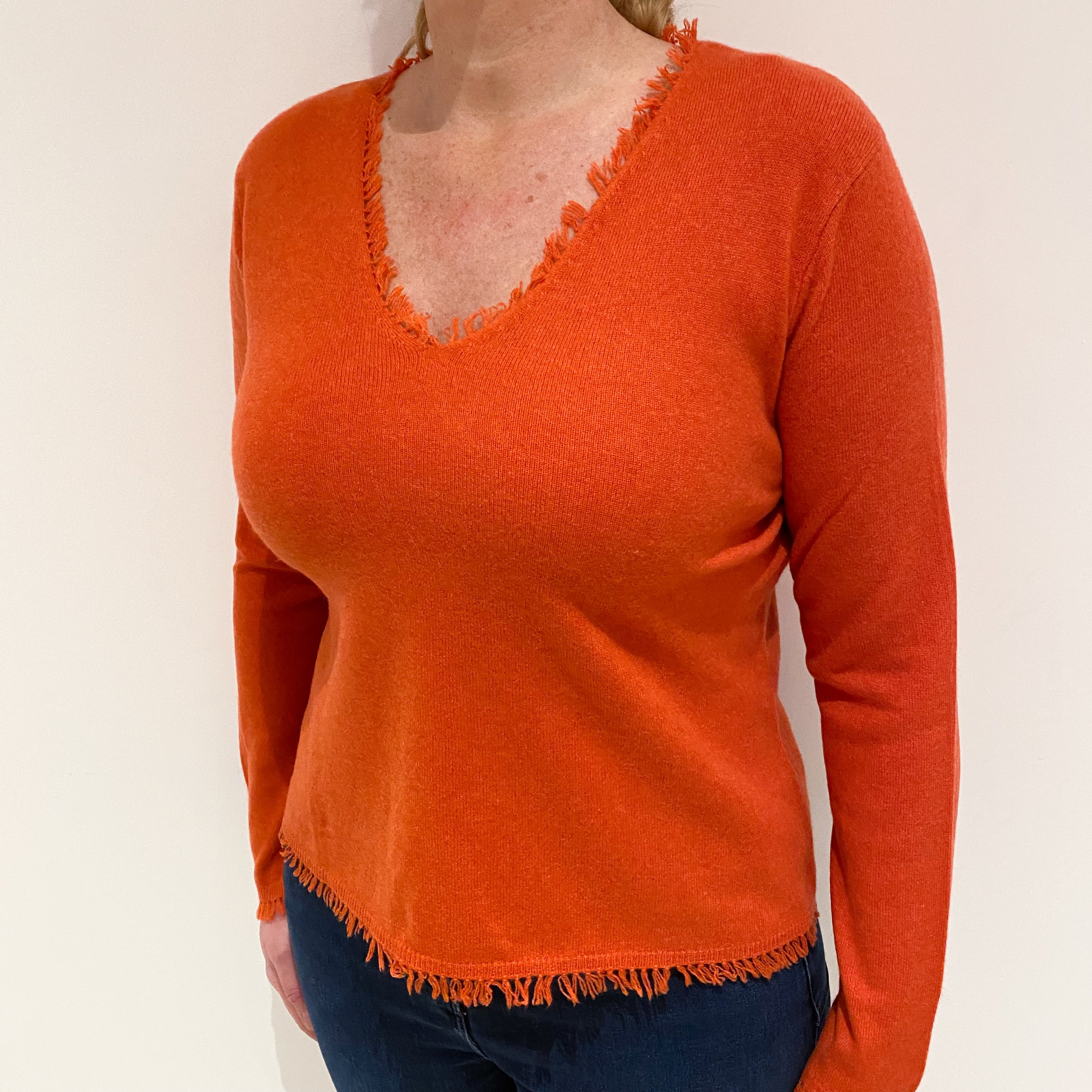 Pumpkin Orange Fringed Cashmere V-Neck Jumper Large