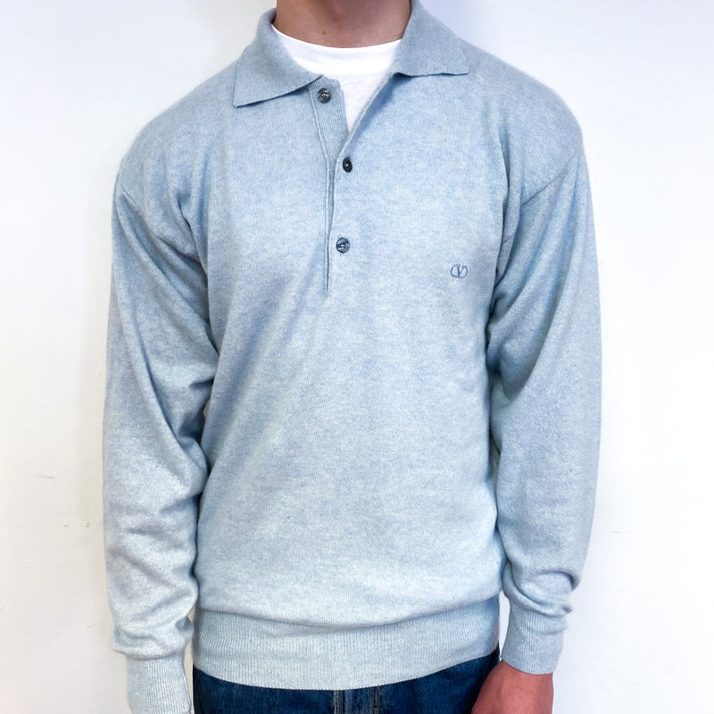 Men's Opal Blue Cashmere Collared 1/4 Button Jumper Small
