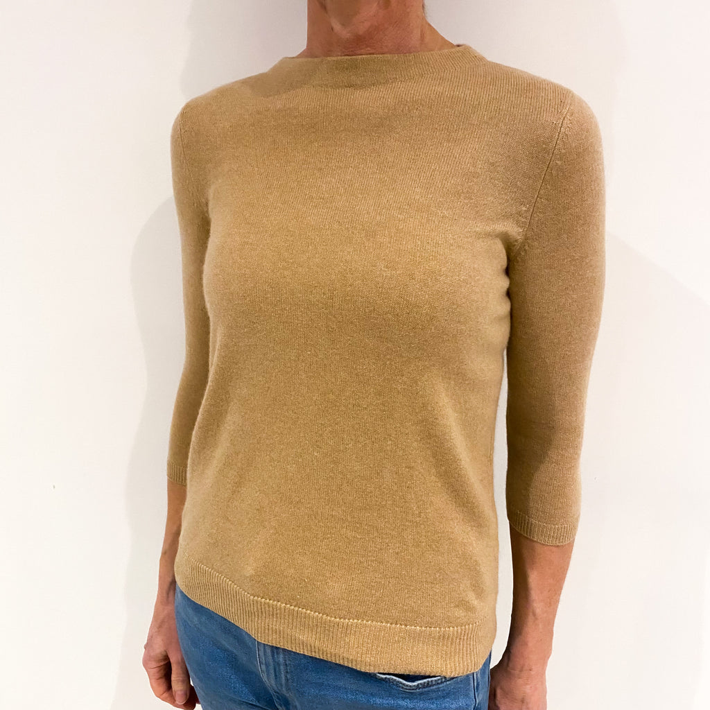 Caramel Brown Cashmere 3/4 Sleeve Crew Neck Jumper Small