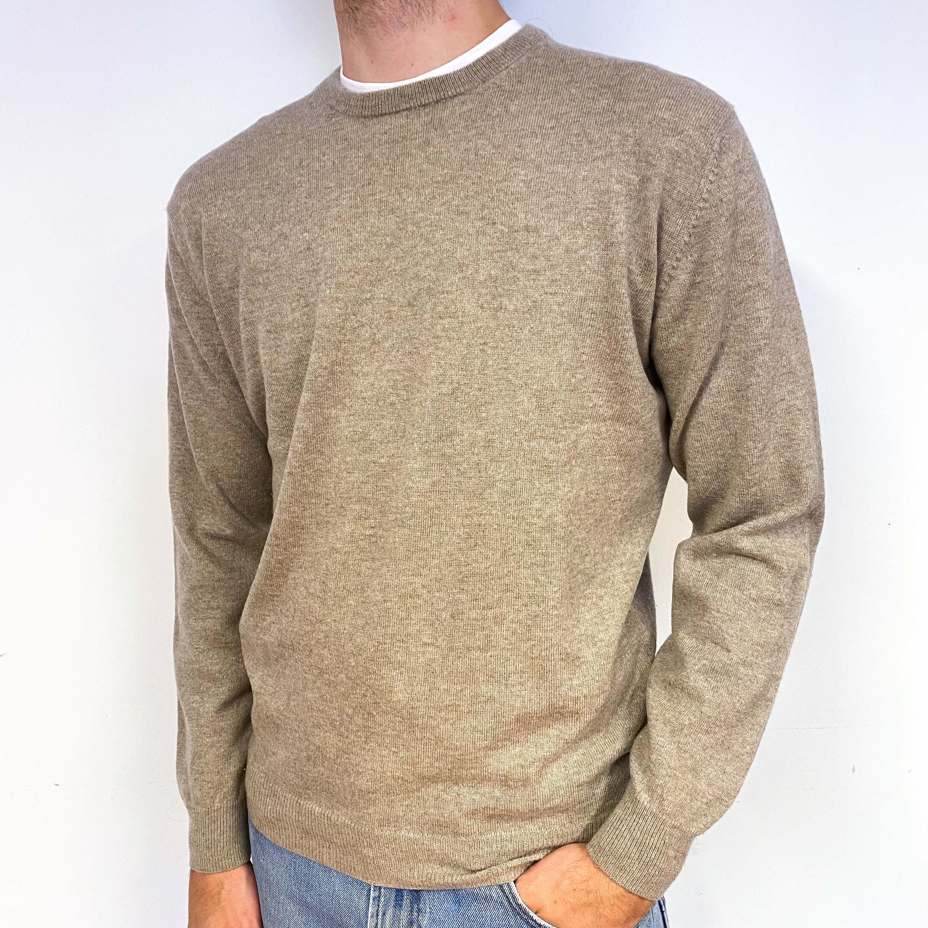 Men's Taupe Brown Cashmere Crew Neck Jumper Medium
