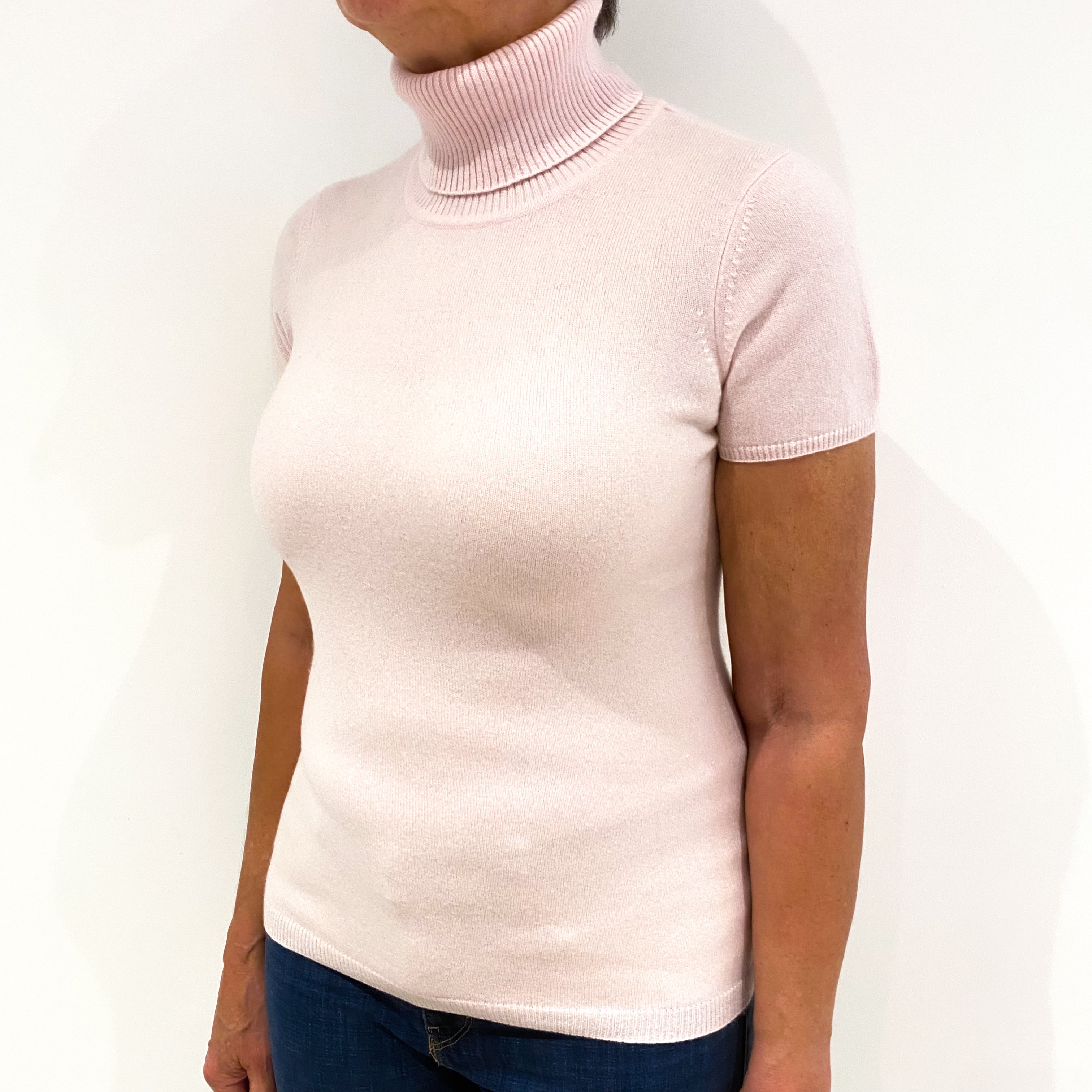 Ice Pink Short Sleeved Cashmere Polo Neck Jumper Medium