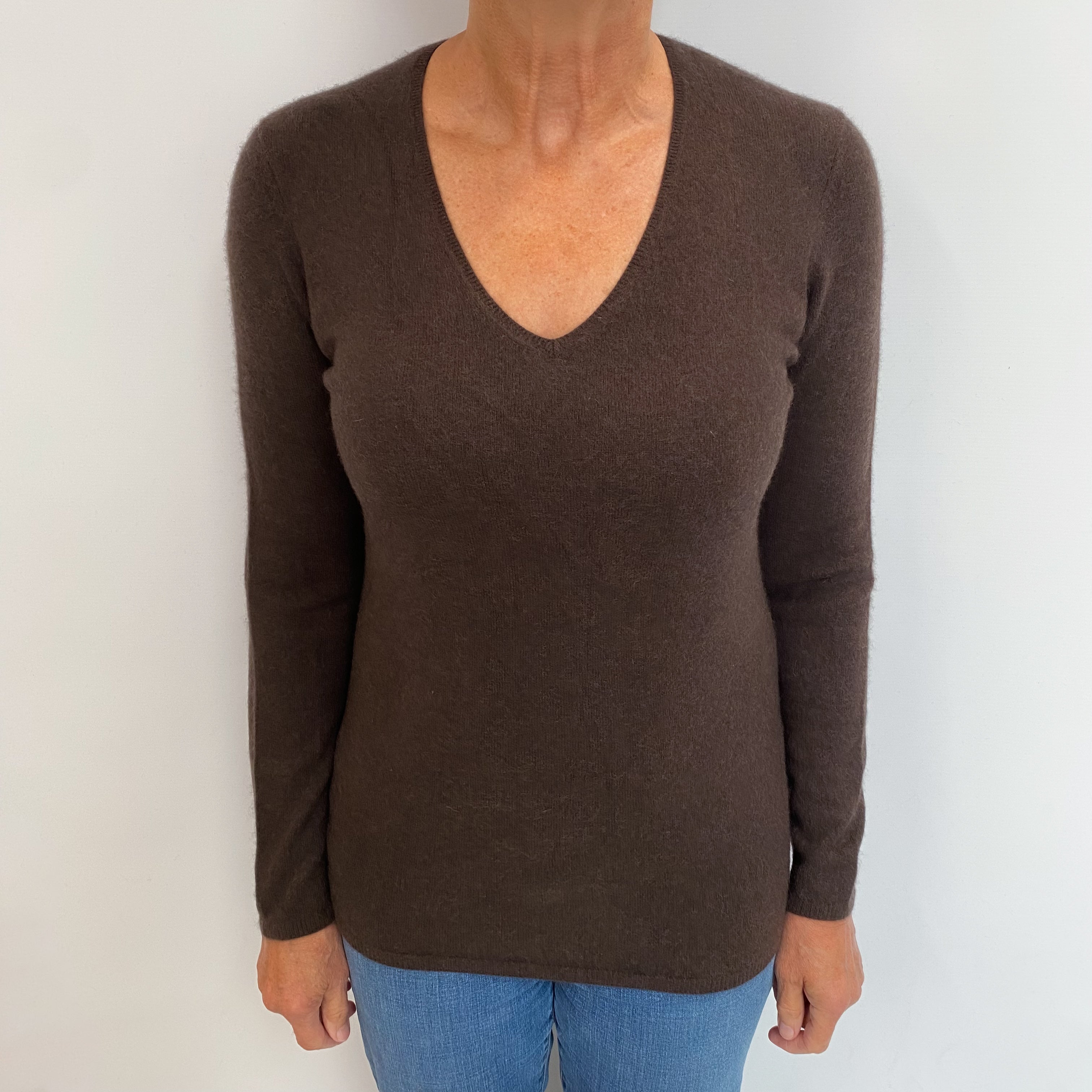 Dark Chocolate Brown Cashmere V Neck Jumper Medium