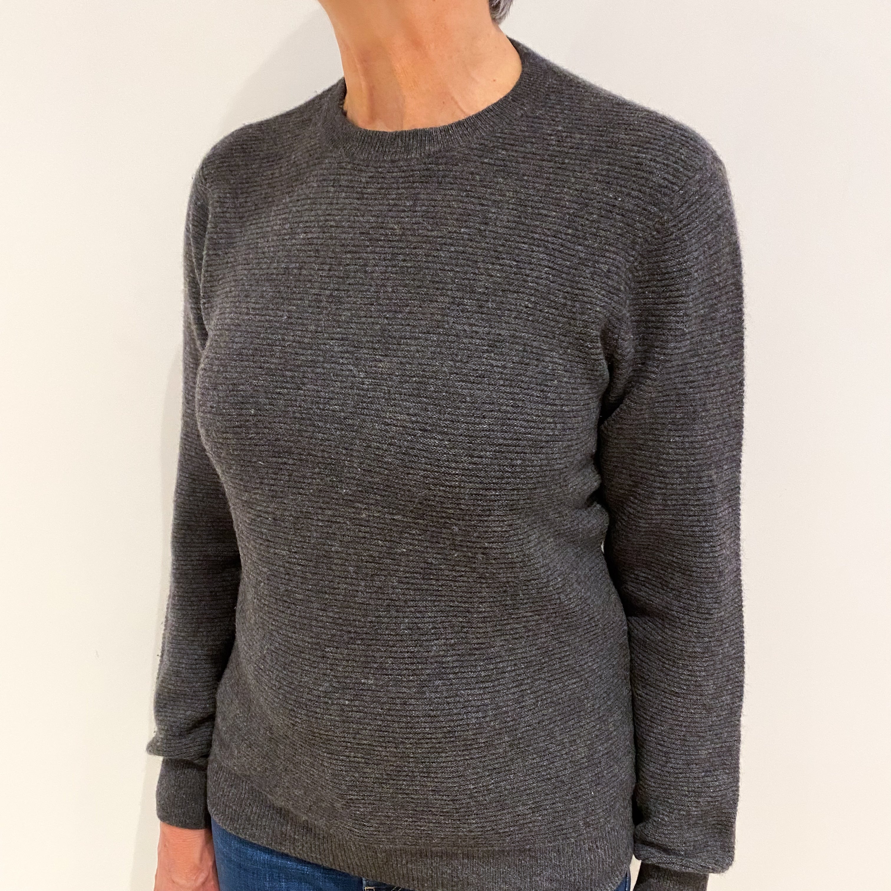 Slate Grey Textured Cashmere Crew Neck Jumper Medium