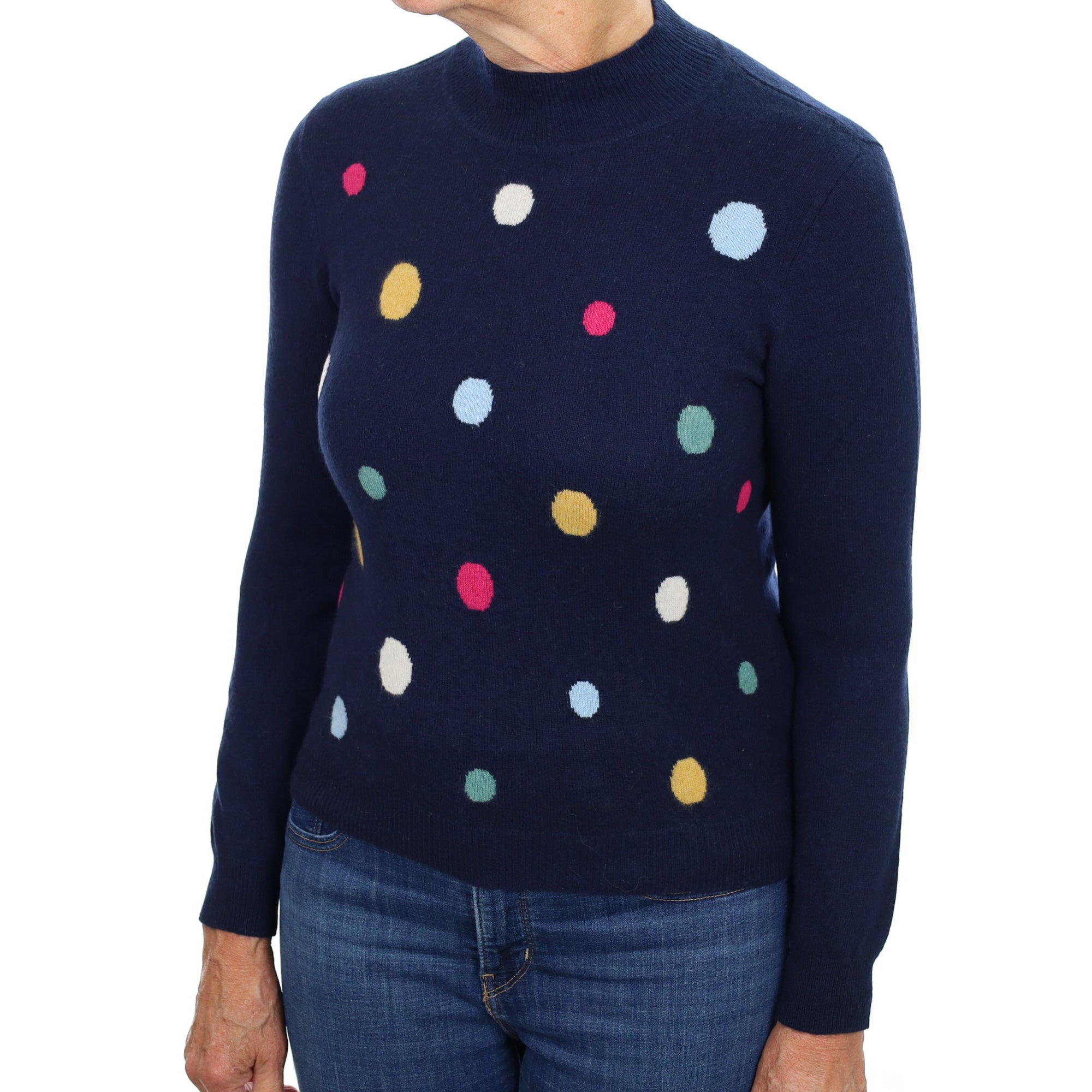Navy Spotted Cashmere Turtle Neck Jumper Medium