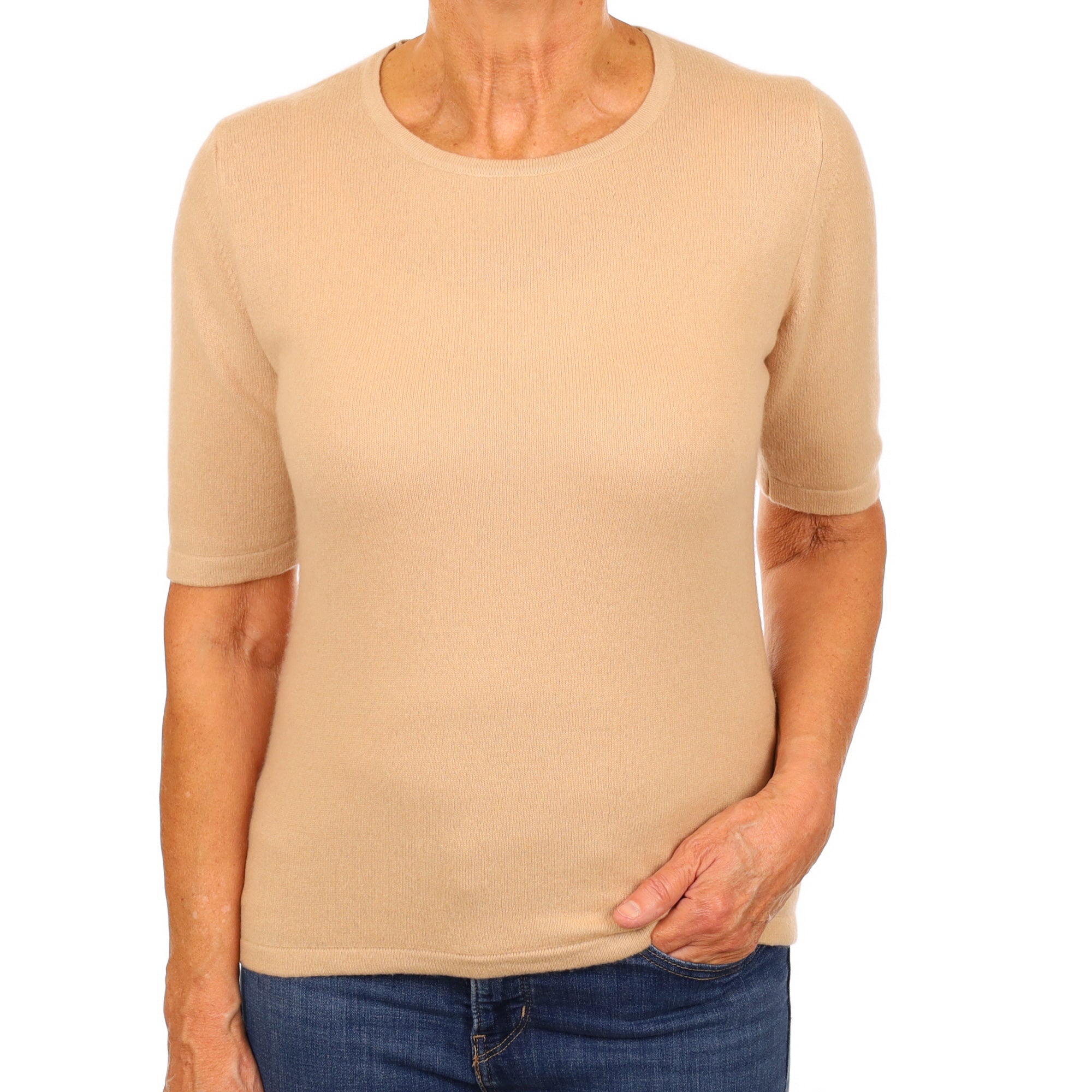 Beige Cashmere Short Sleeve Crew Neck Jumper Medium