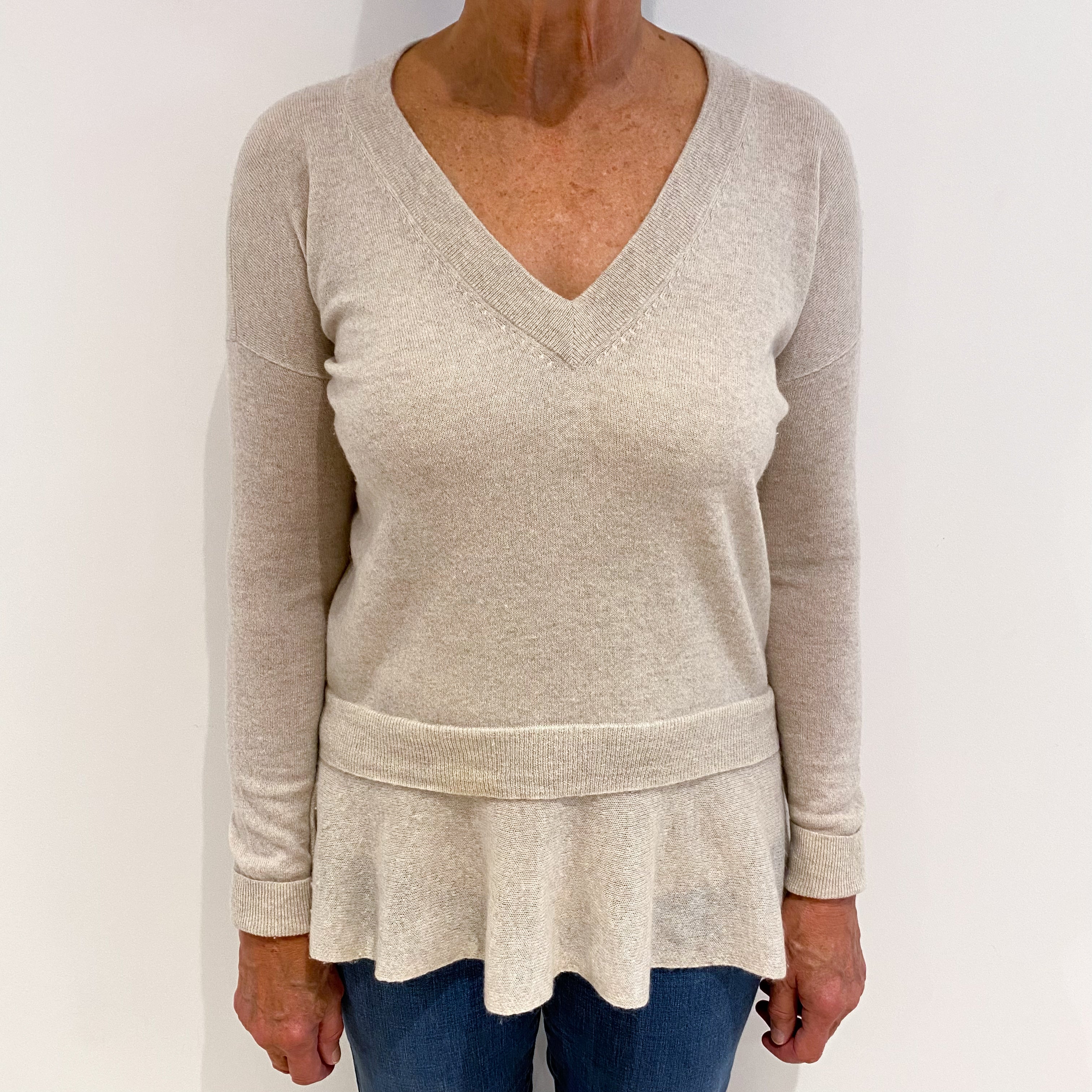 Oatmeal Peplum Cashmere V-Neck Jumper Medium