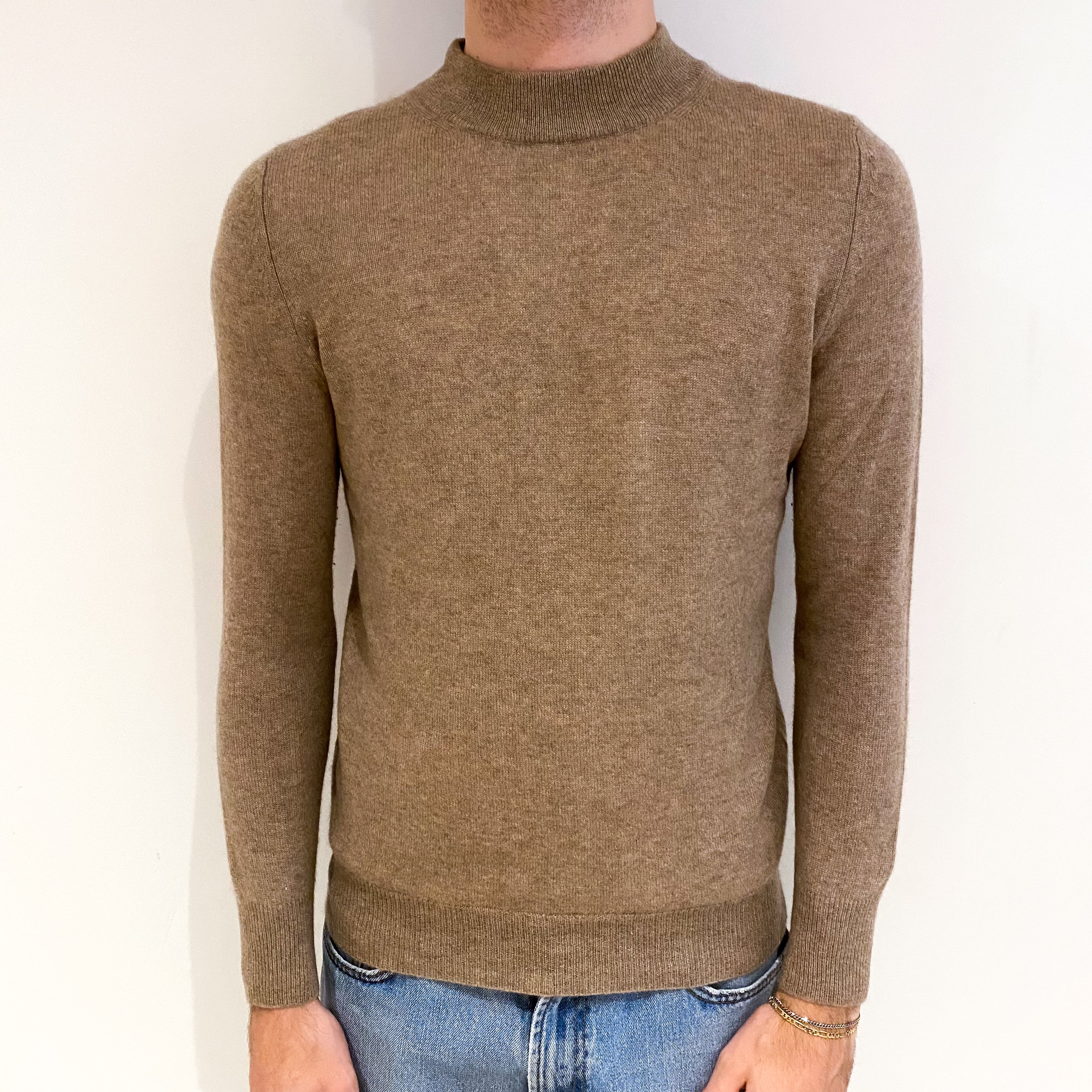 Men's Taupe Brown Cashmere Turtle Neck Jumper Medium