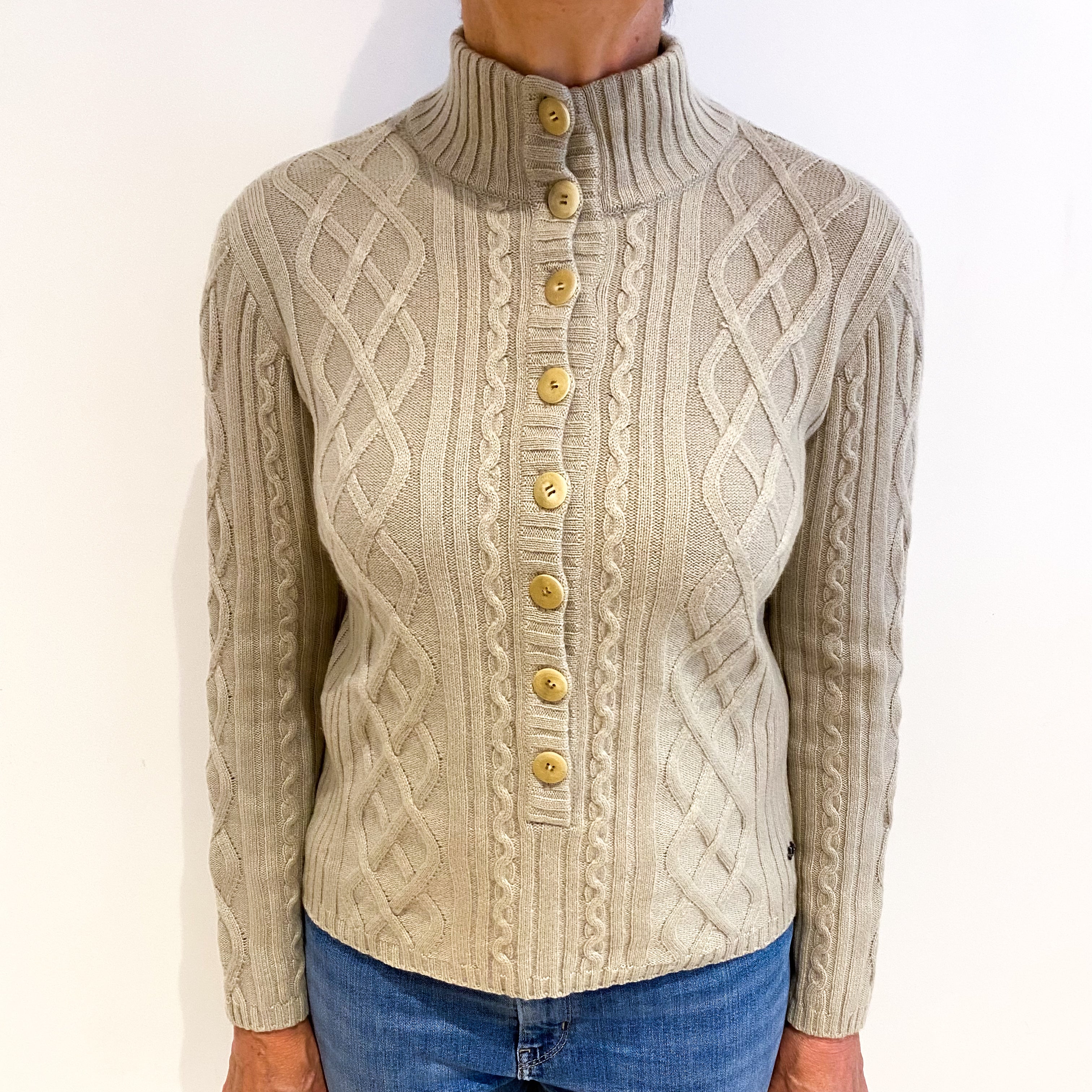 Deep Beige Cashmere Turtle Neck Cardigan Medium