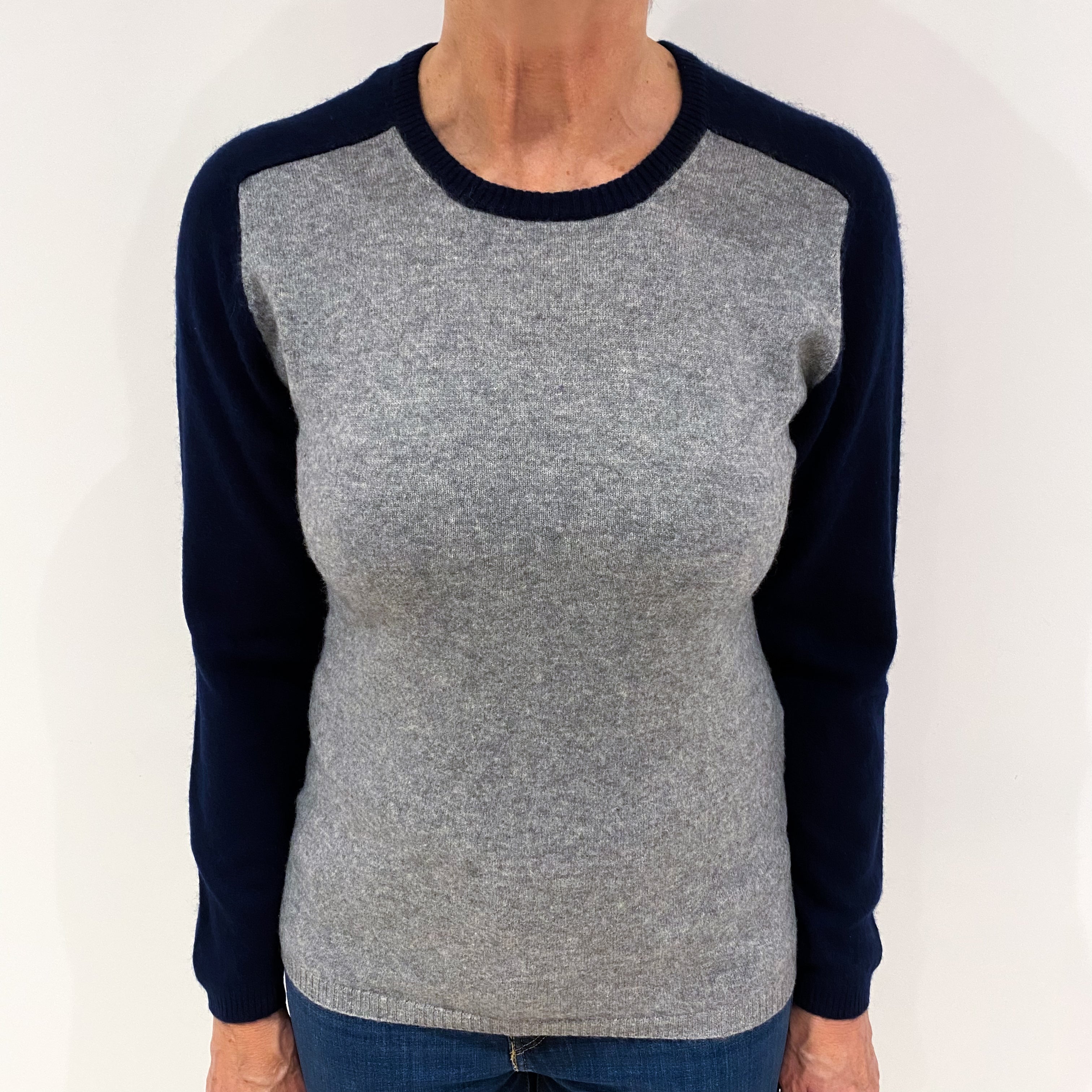 Ash Grey and Navy Cashmere Crew Neck Jumper Medium