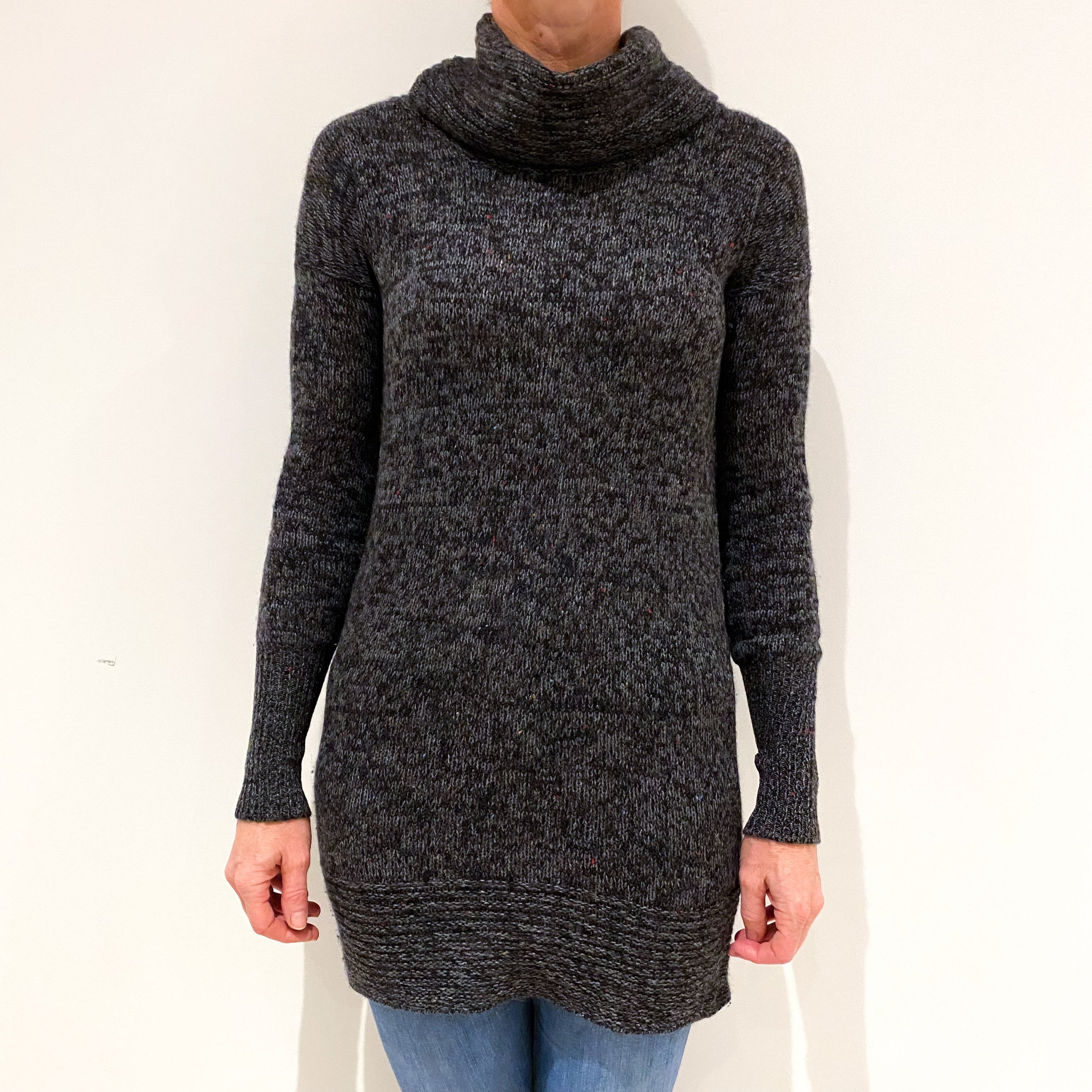 Black and Grey Marl Cashmere Longline Polo Neck Jumper Small