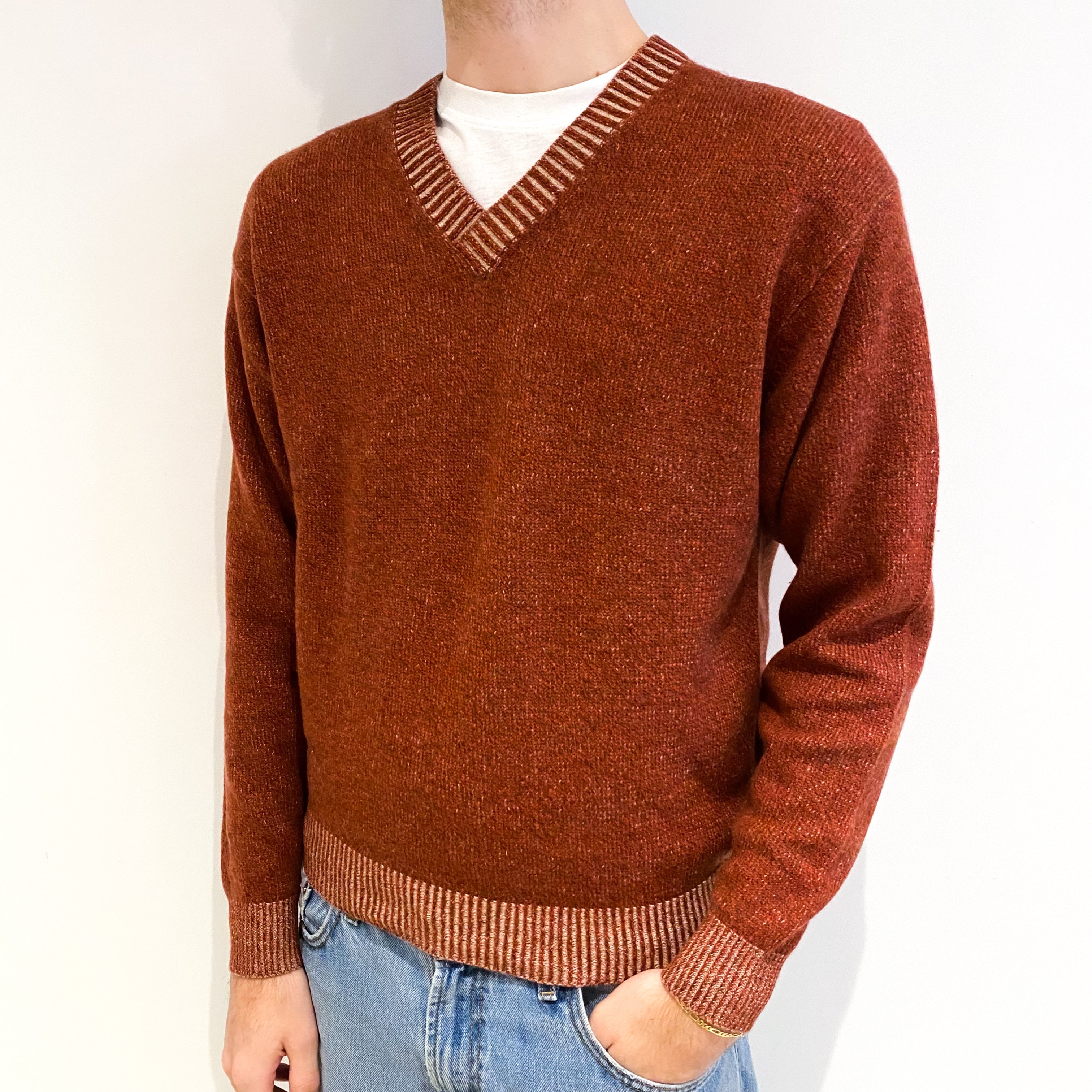 Men's Italian Carlo Farfini Rust Red Cashmere V Neck Jumper Medium