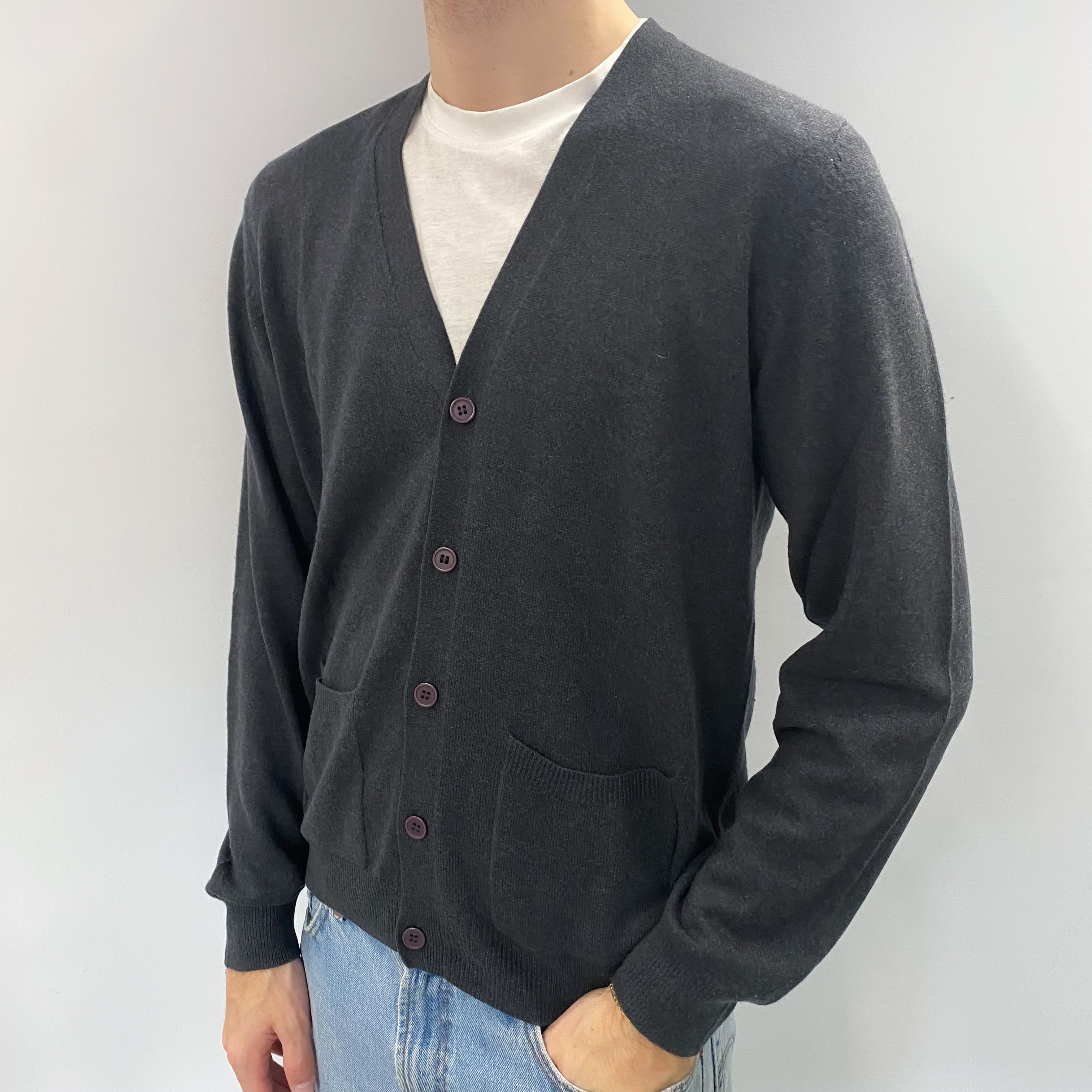 Men's Slate Grey Cashmere V Neck Cardigan with Pockets Medium