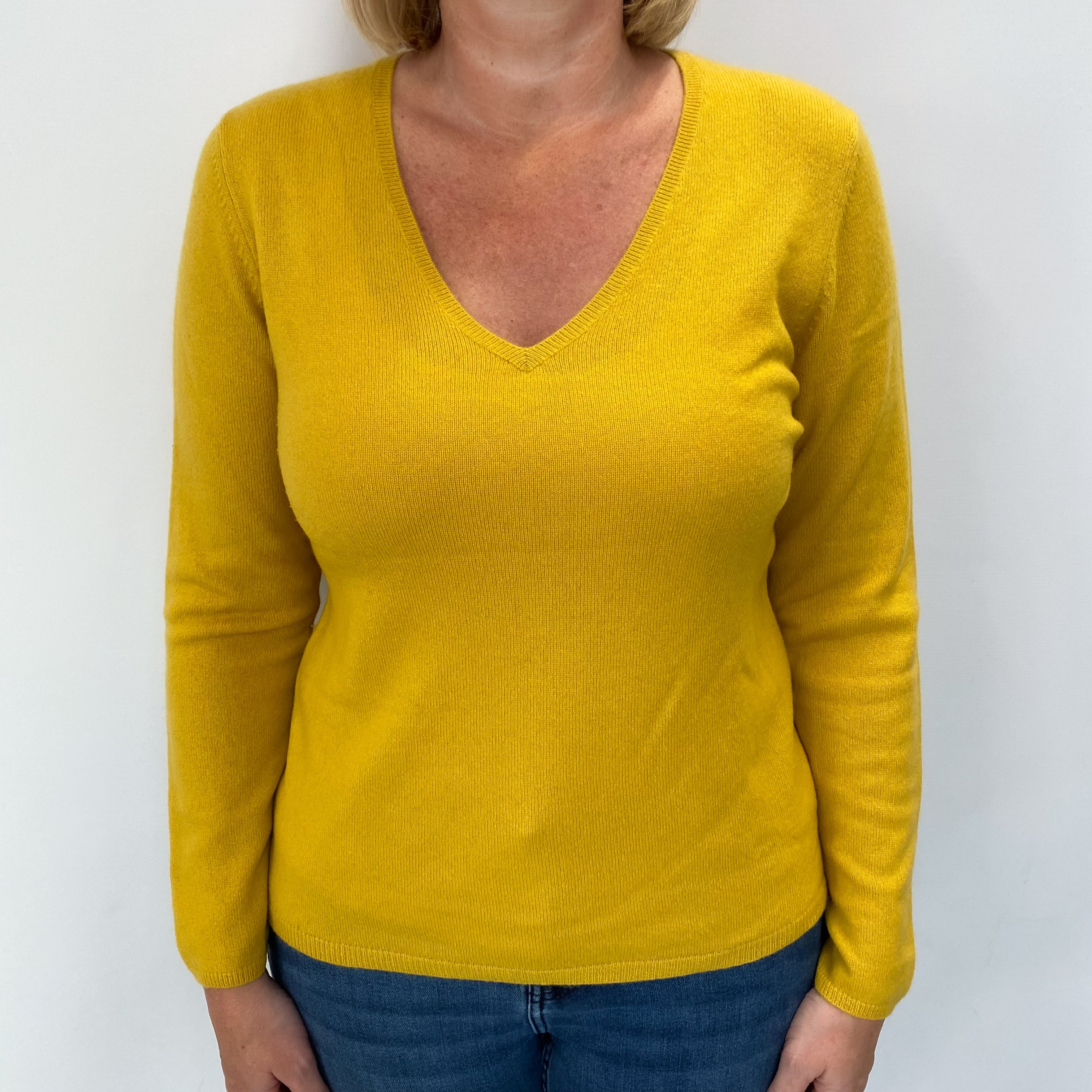 Mustard Yellow Cashmere V Neck Jumper Large
