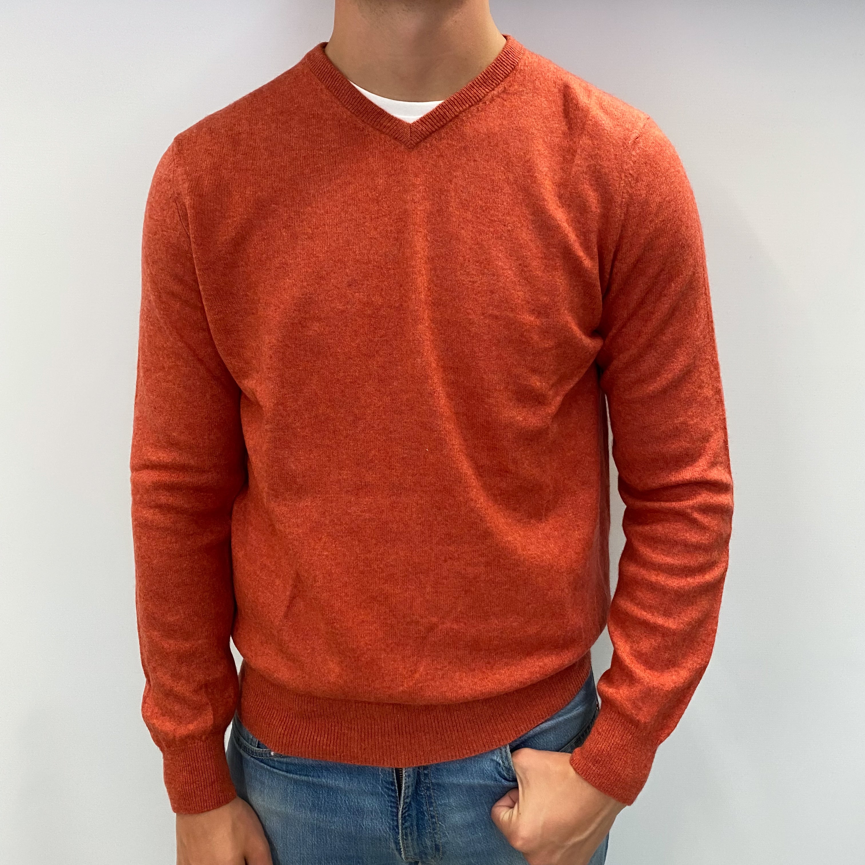 Men's Rust Orange Cashmere V Neck Jumper XL
