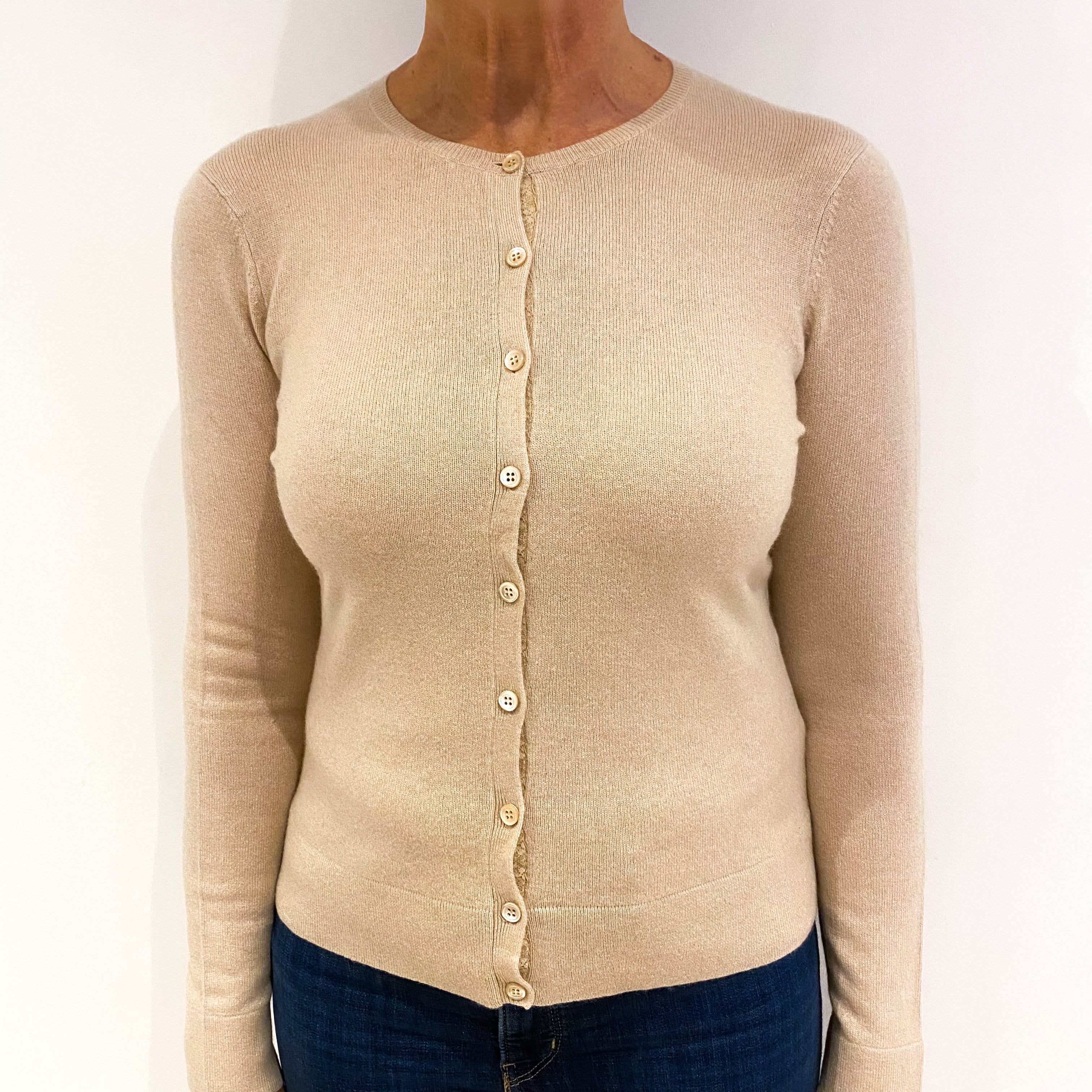 Caramel Brown Cashmere Crew Neck Cardigan Medium