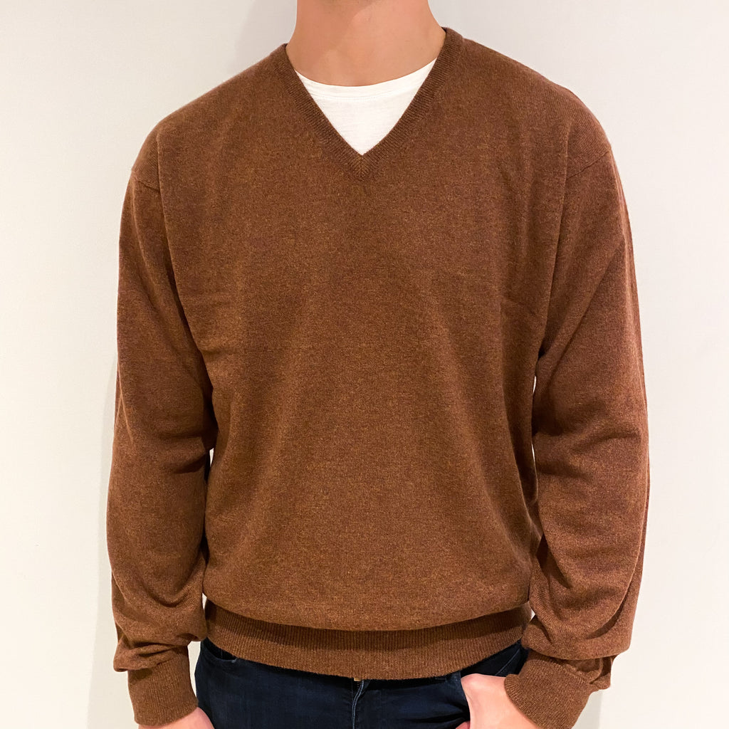 Men's Orvis Rust Brown Cashmere V-Neck Jumper Extra Extra Large
