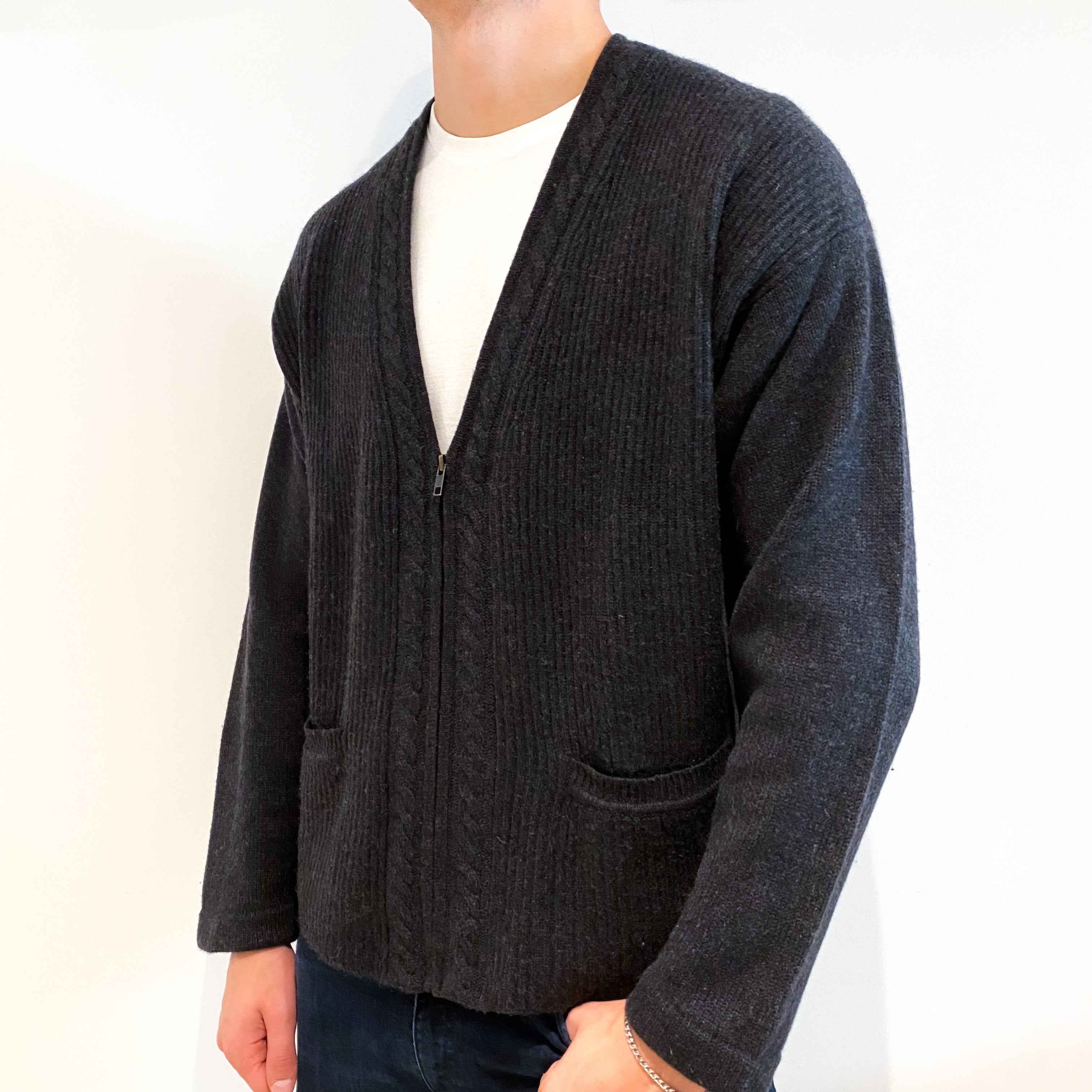 Men's Charcoal Grey Chunky Cashmere V-Neck Cardigan Extra Large