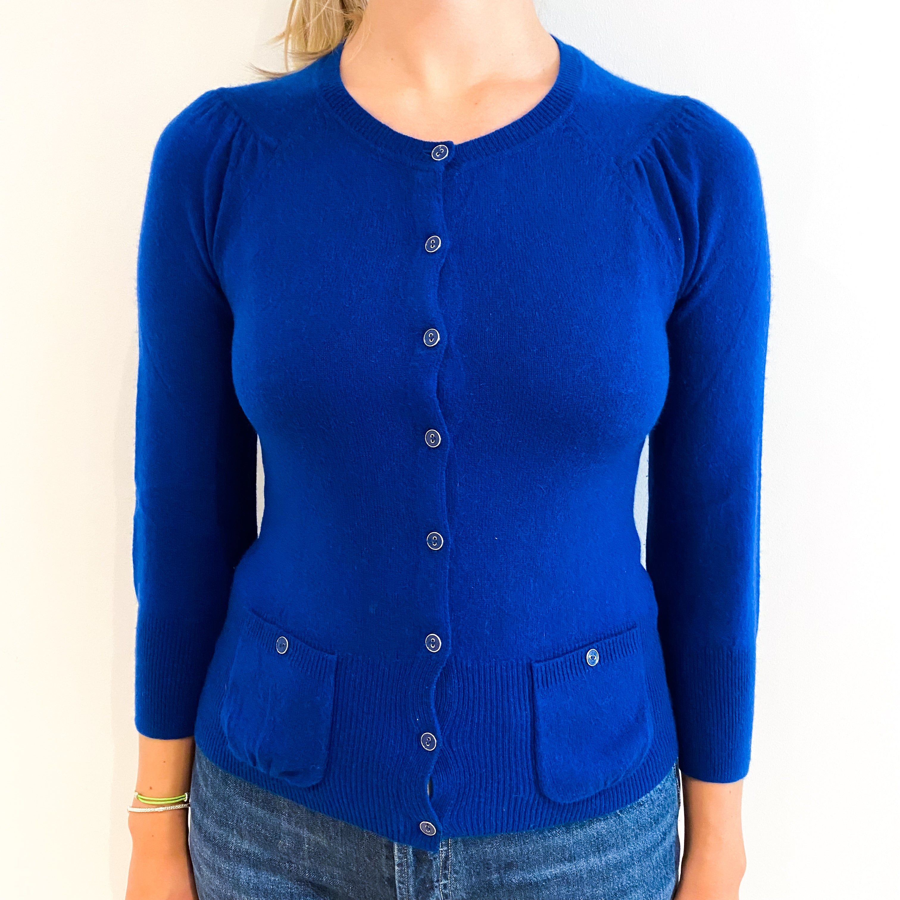 Admiral Blue Cashmere Crew Neck Cardigan with Pockets Small